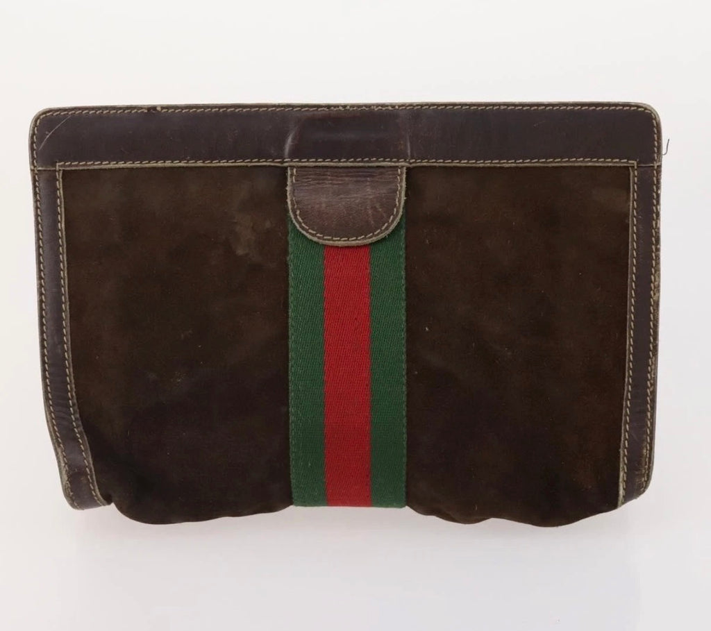 Gucci Brown Suede Web Stripe Clutch