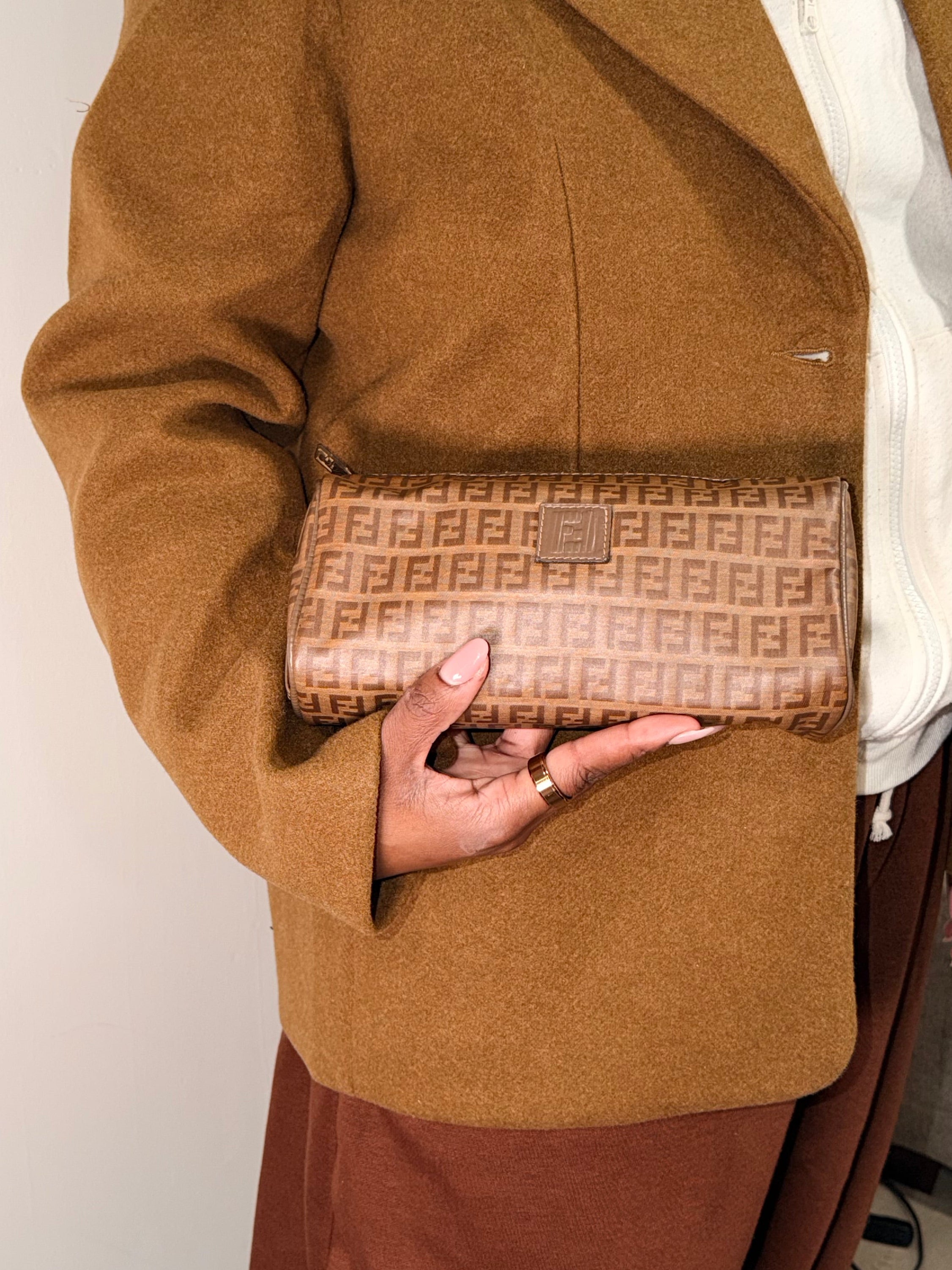 Fendi Zucca Canvas Barrel Clutch / Cosmetic Bag