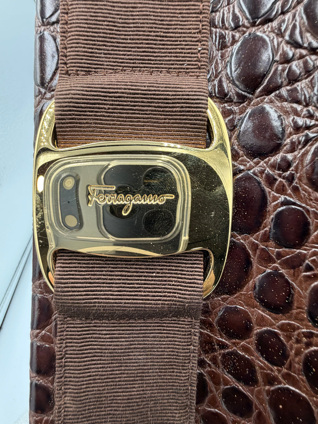Salvatore Ferragamo Croc Embossed Gancini Clutch