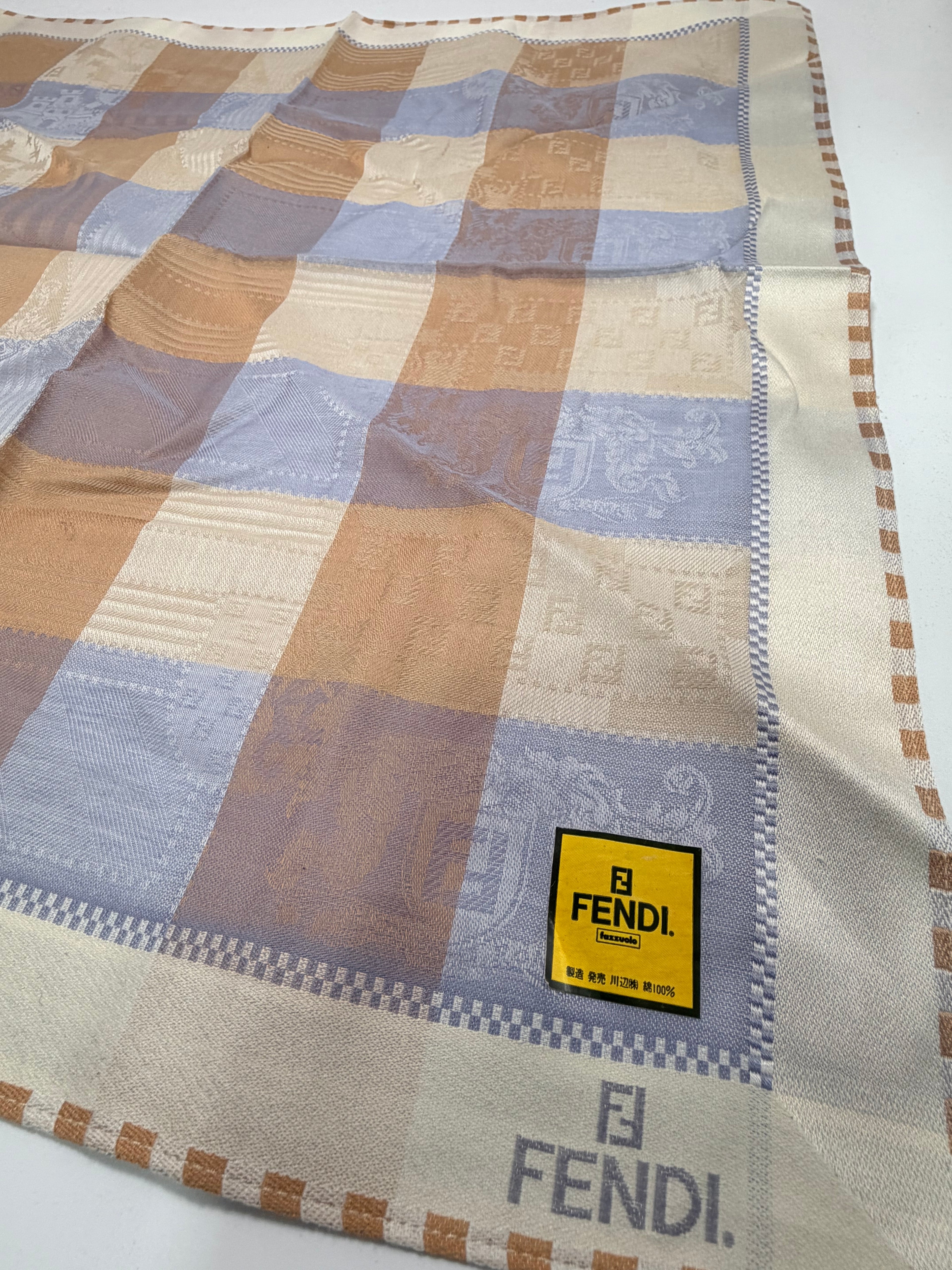 FENDI Vintage Logo Check Scarf – Beige, Tan & Dusty Lavender/ Blue