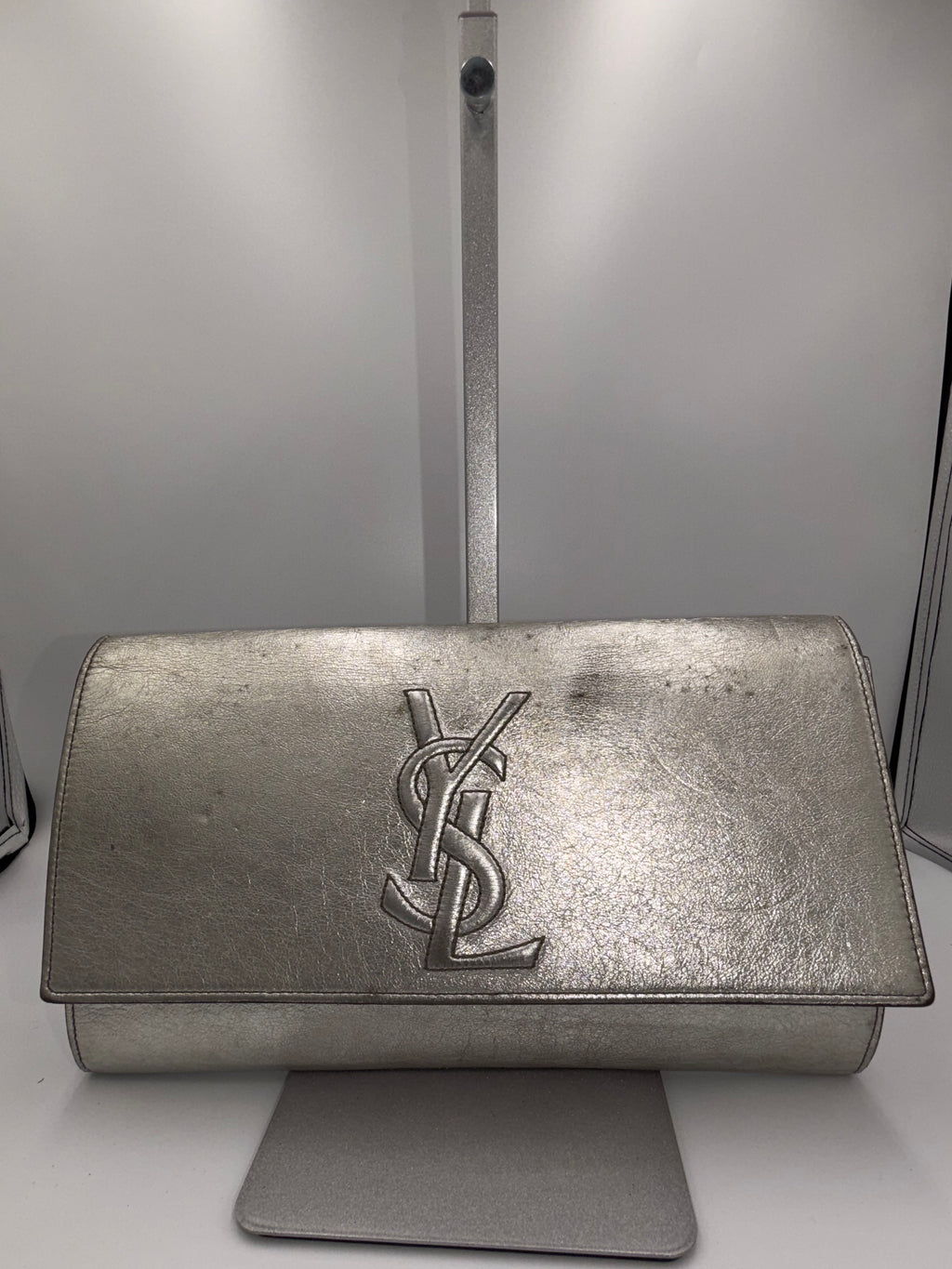 Yves Saint Laurent Metallic YSL Monogram Clutch (Silver/Gold Tone)