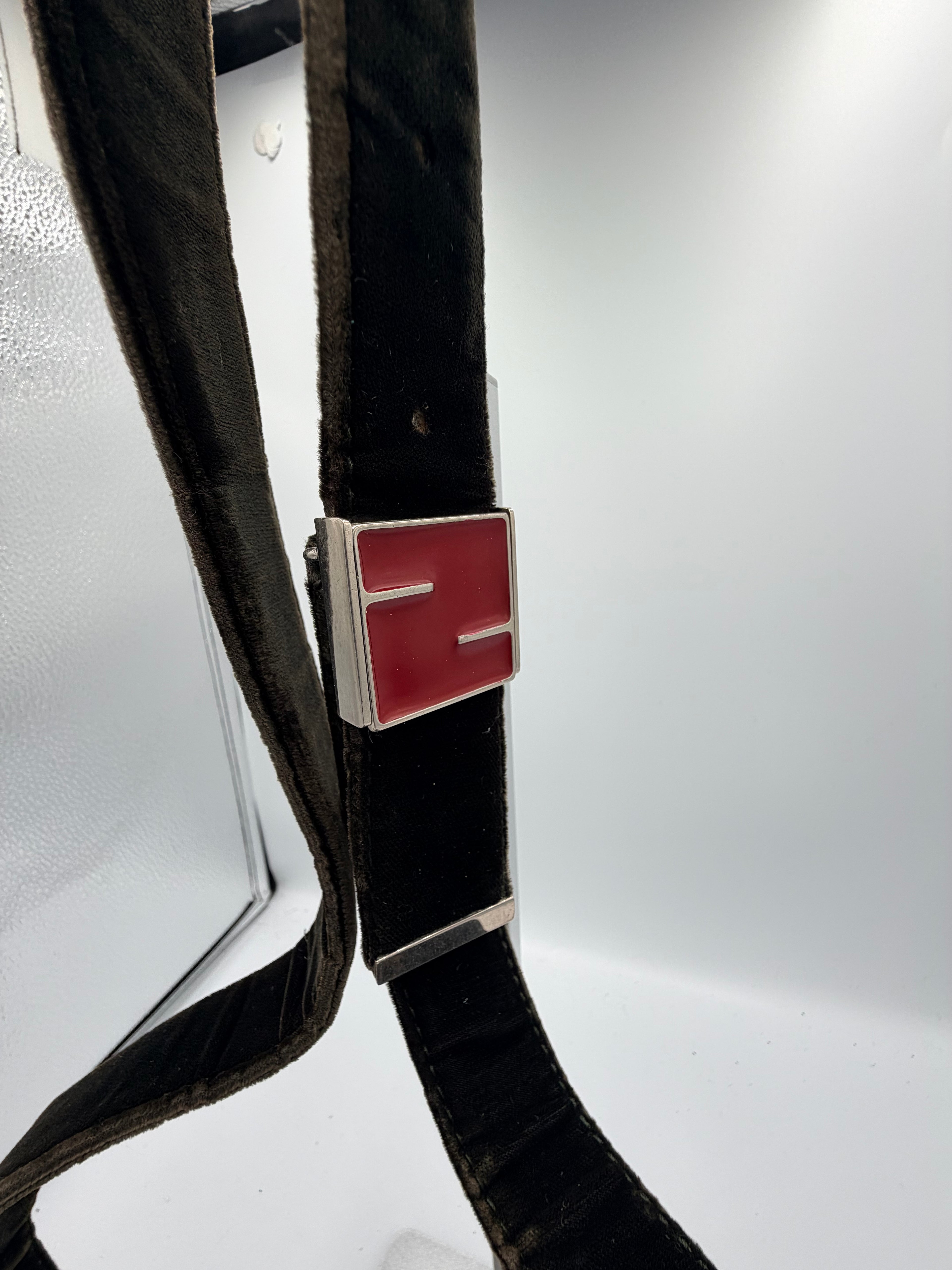 Fendi Black Velvet Mini Crossbody / Shoulder Bag with Red FF Buckle