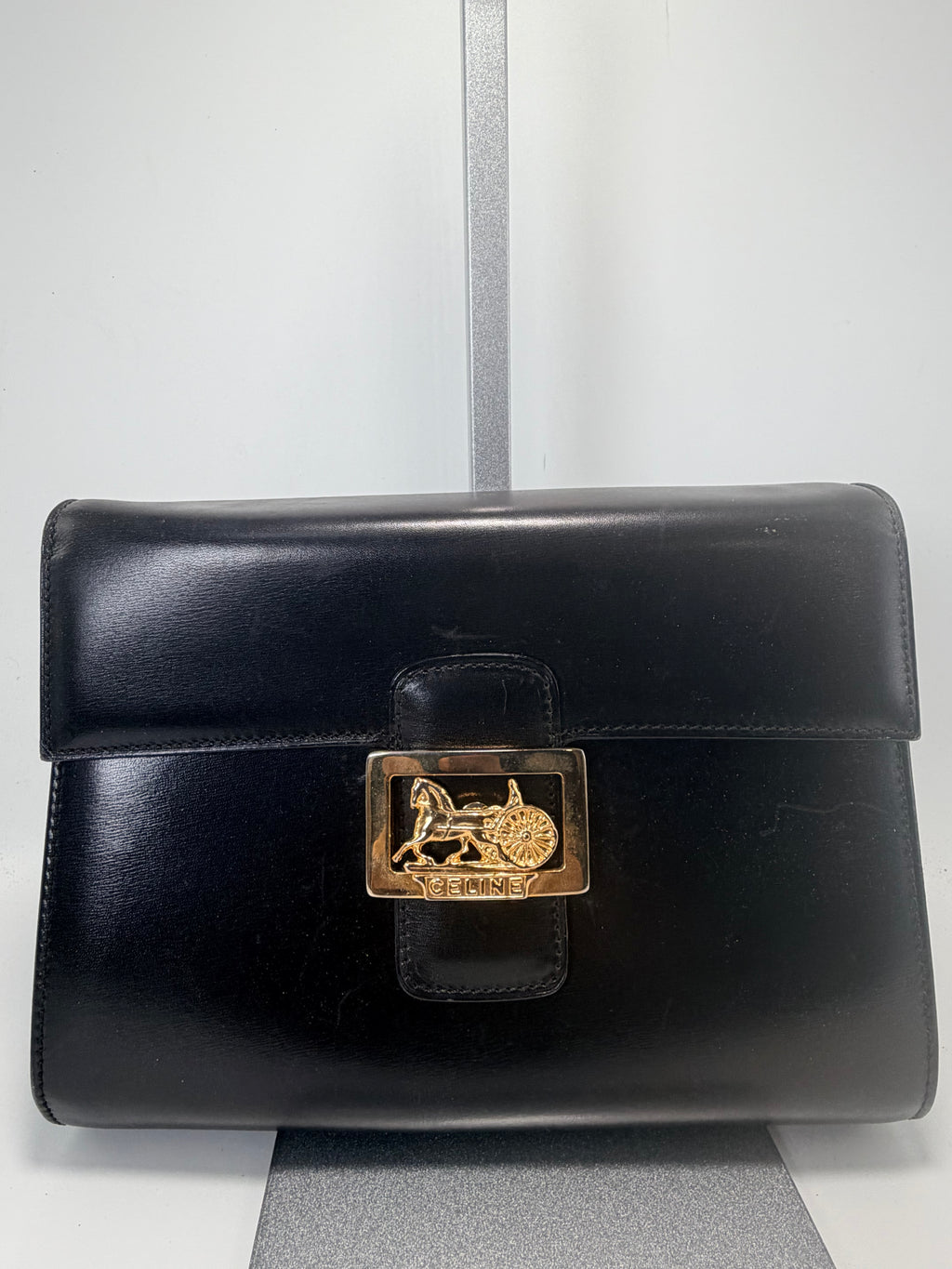 Celine Black Leather Horse Carriage Clutch