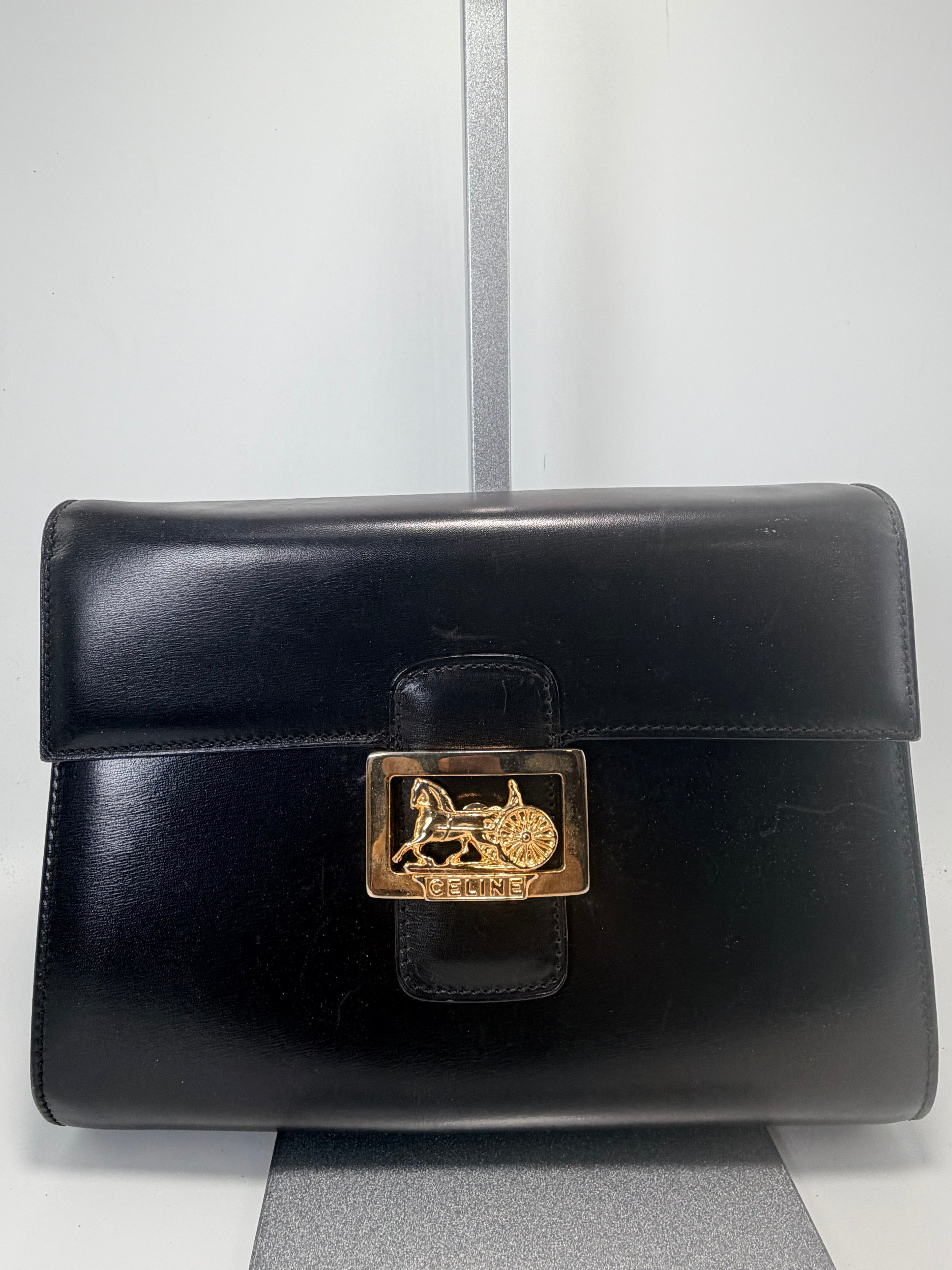 Celine Black Leather Horse Carriage Clutch