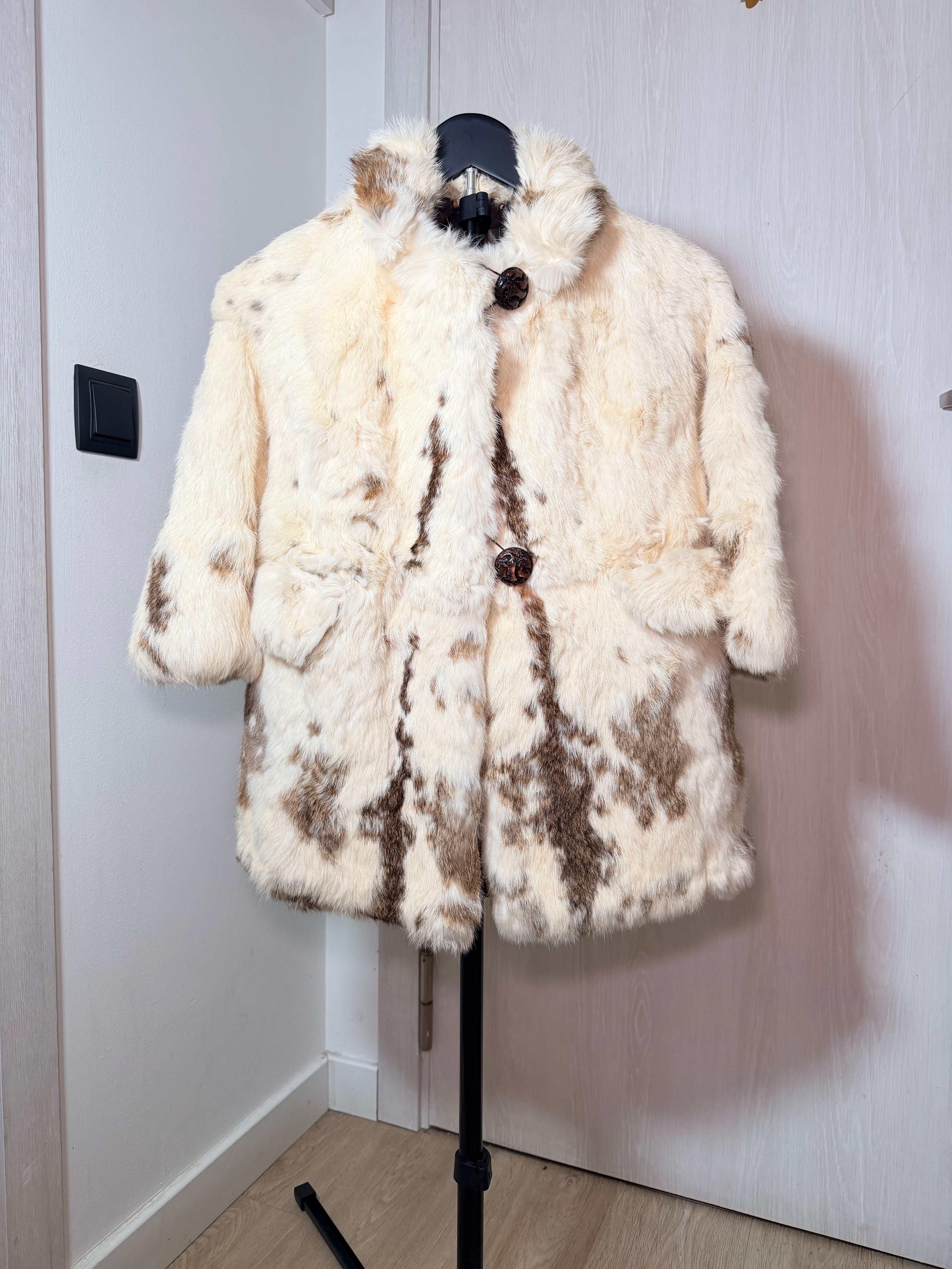 Vintage Spotted Rabbit Fur Coat – Natural Piebald Pattern - XS