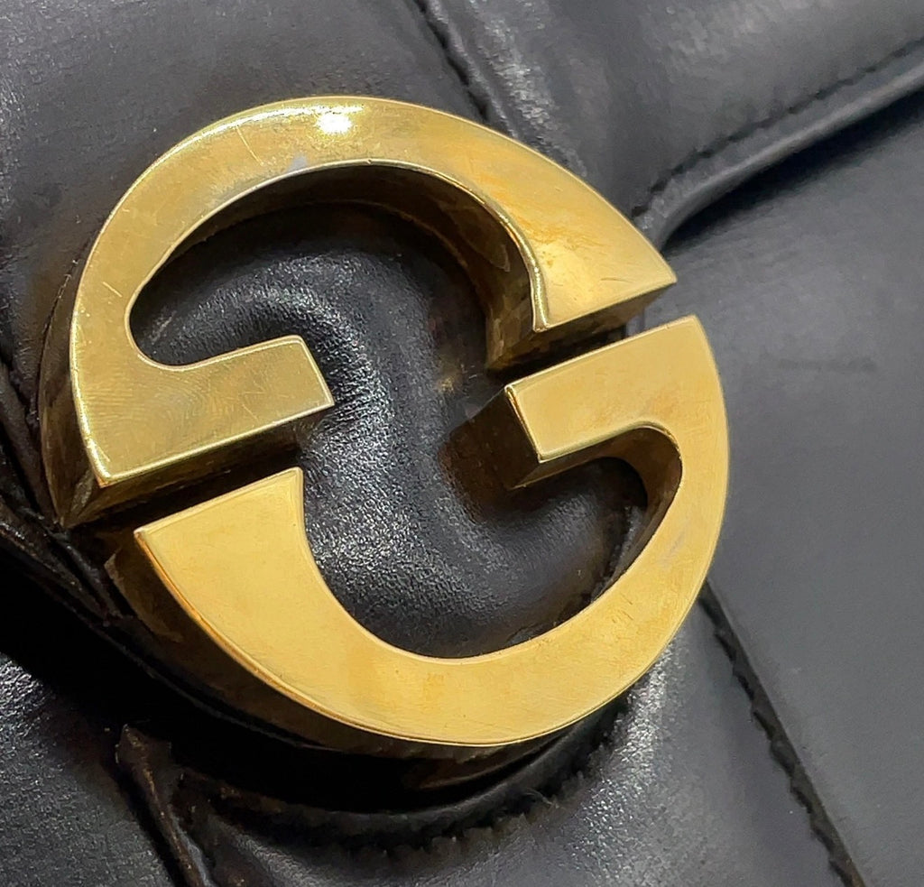 Gucci Vintage 1970s Black Leather G Logo Shoulder Bag