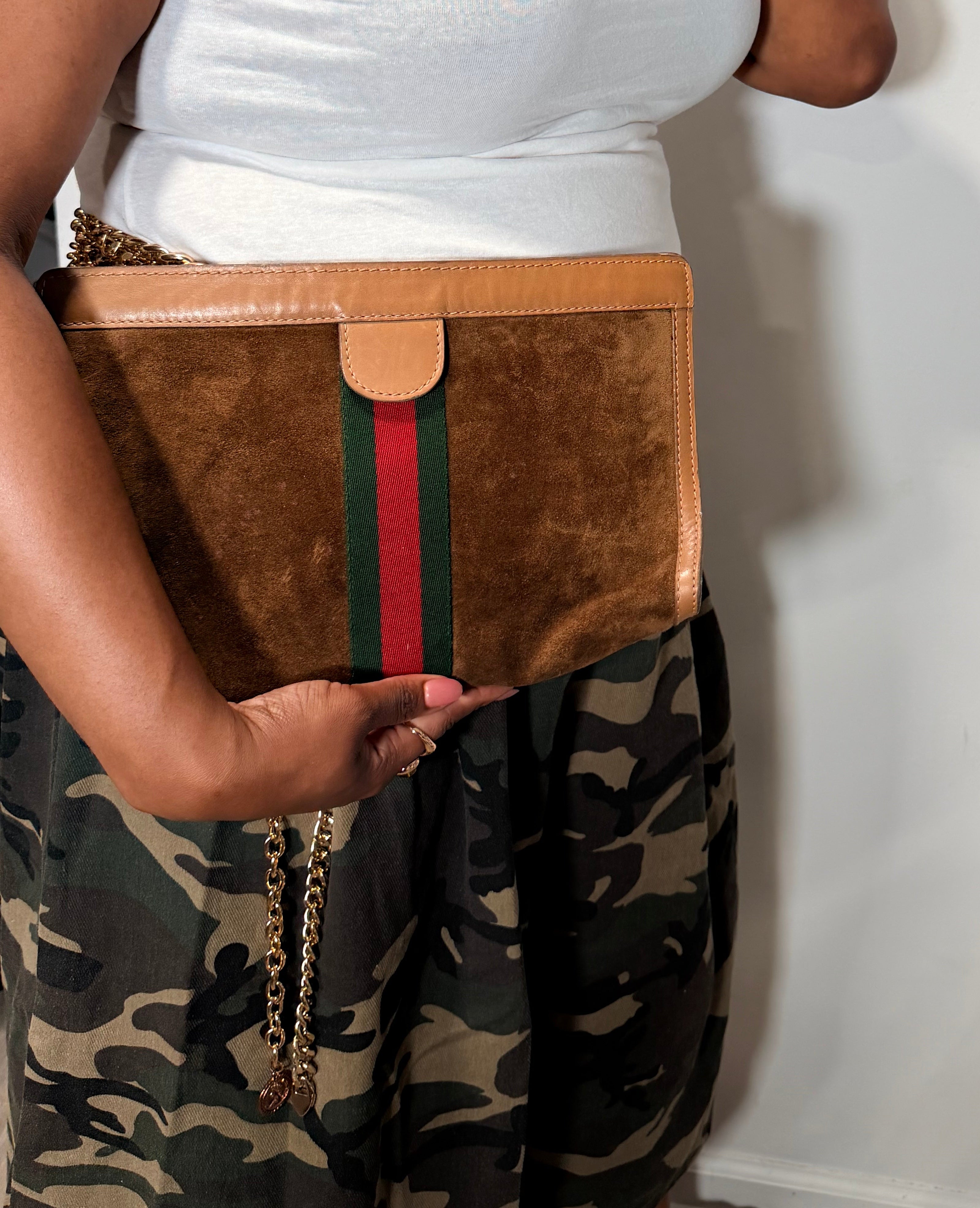 Gucci Suede Web Stripe Clutch Bag