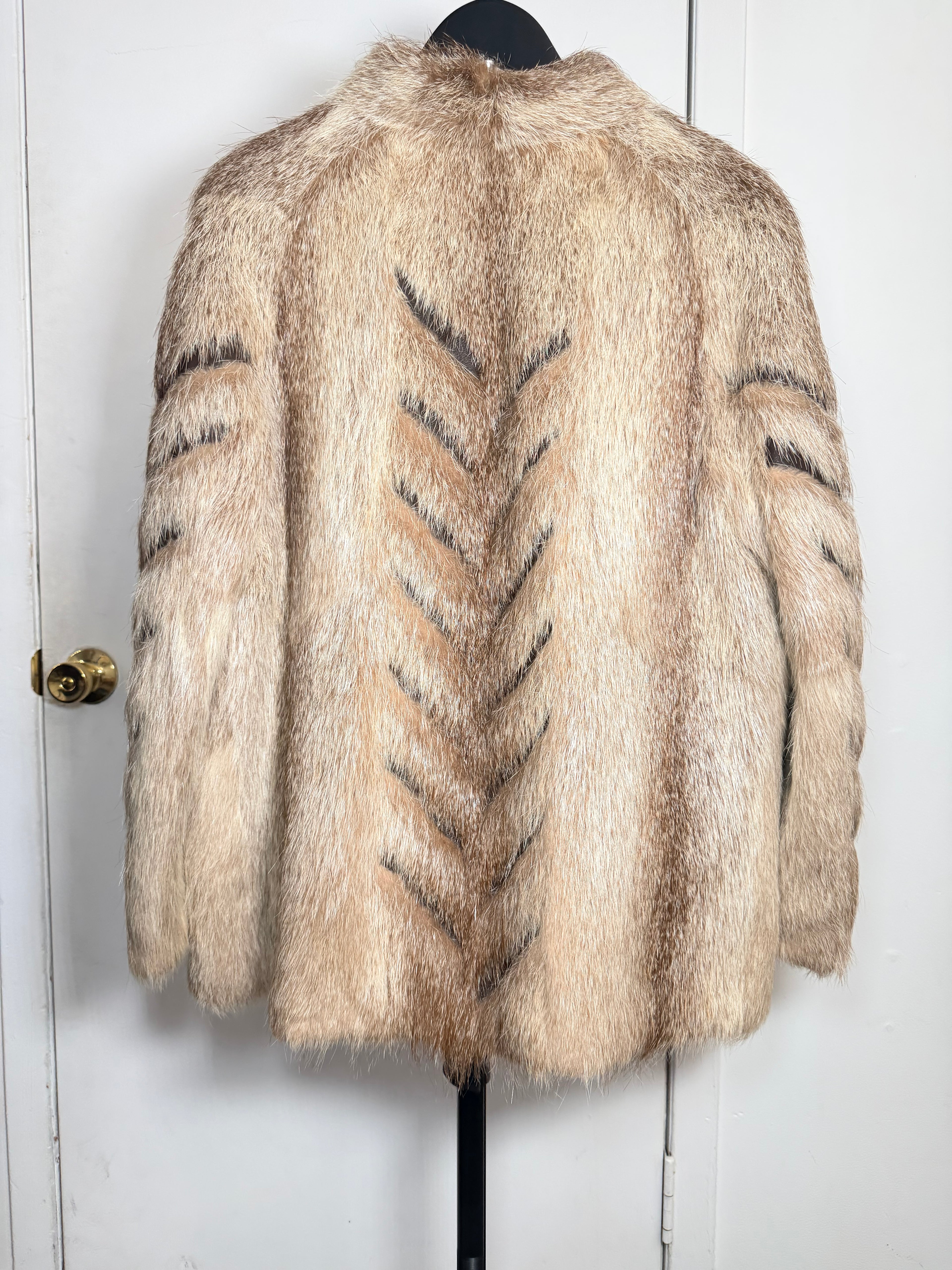 Vintage Beaver Fur Coat with Leather Chevron Design – Medium 035