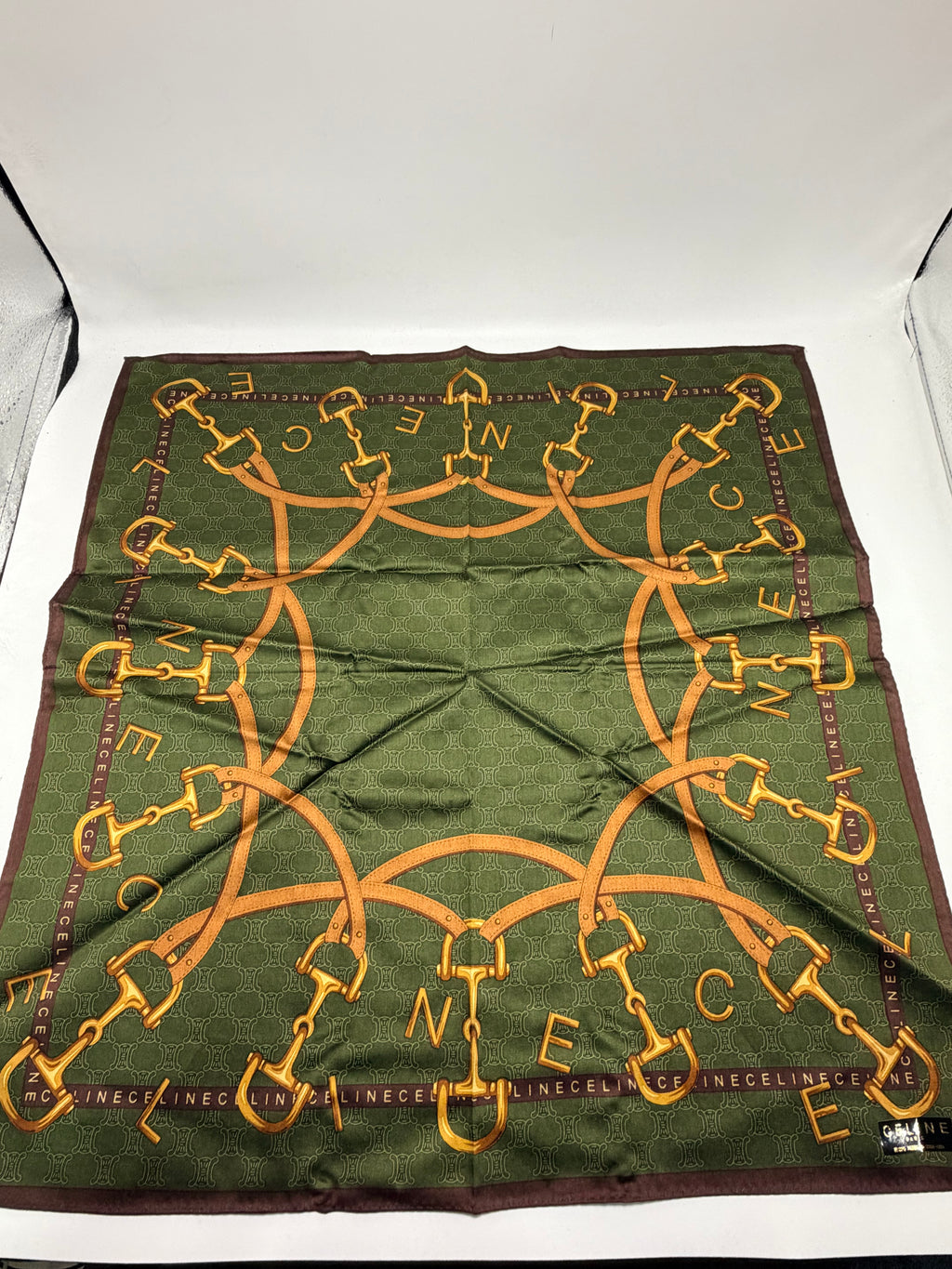 CELINE Vintage Equestrian Logo Scarf – Olive Green & Gold