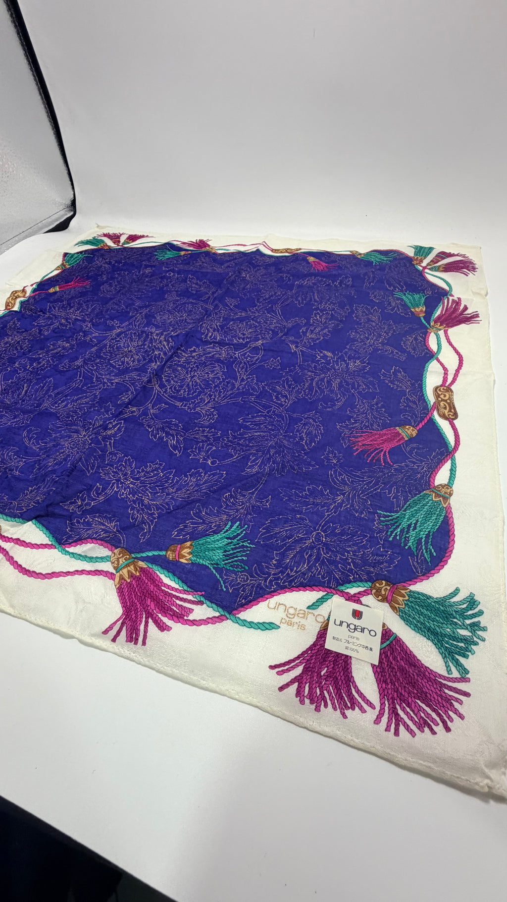 Ungaro Paris Floral Tassel Scarf – Royal Blue with Multicolor Rope Border
