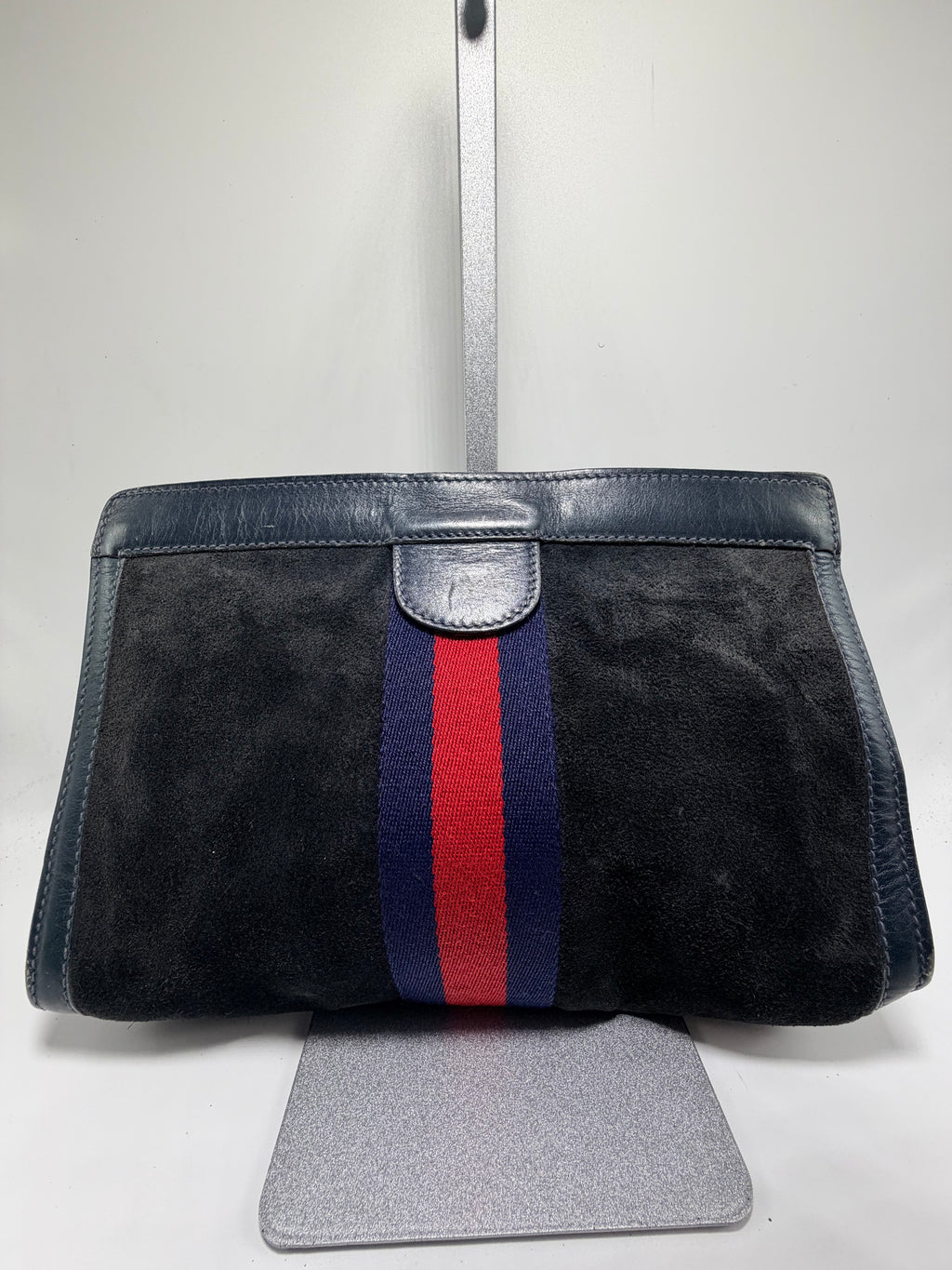 Gucci Suede Clutch – Navy Web Stripe