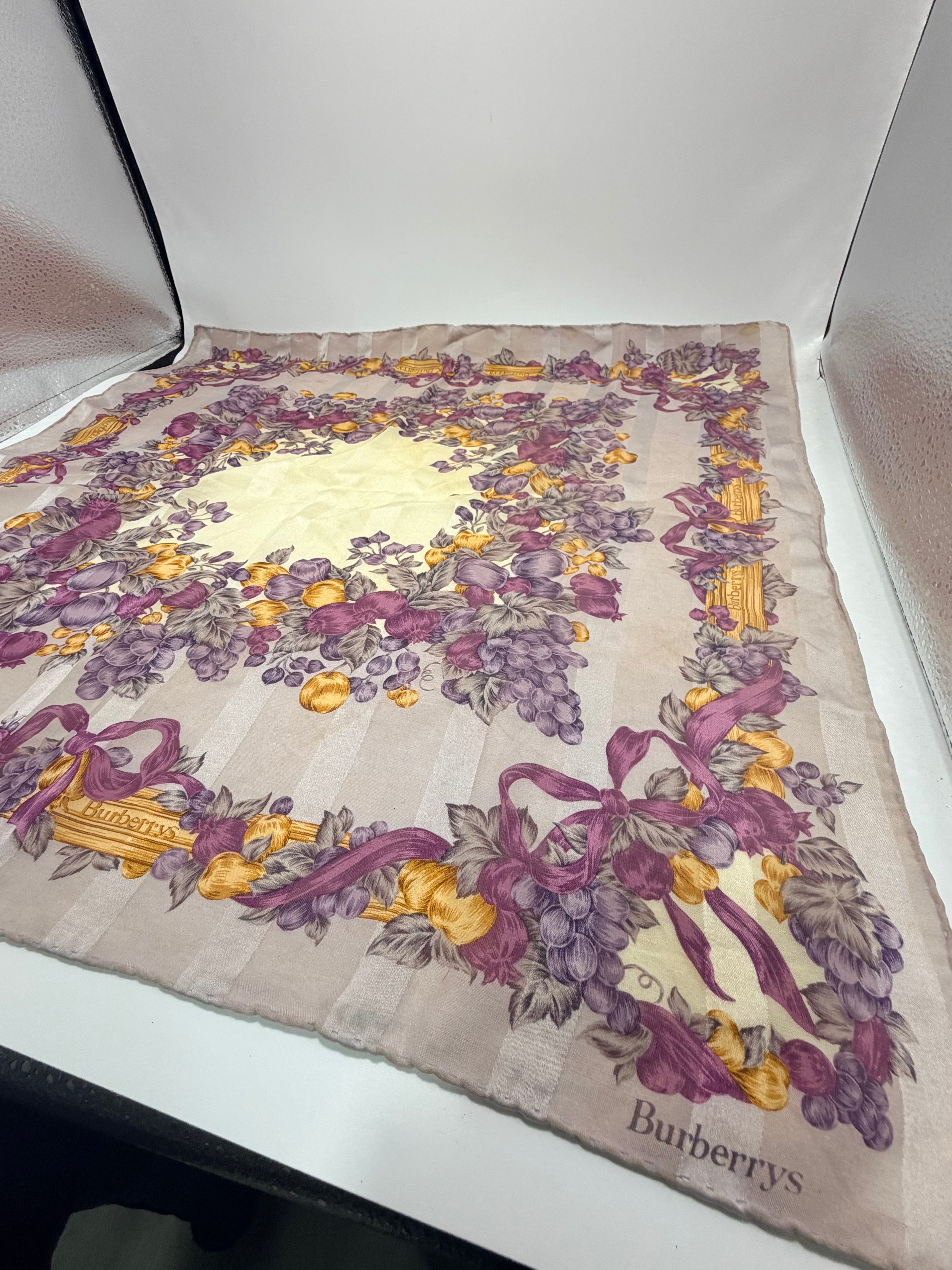 Burberrys Vintage Fruit And Ribbon Scarf – Taupe With Plum And Gold Motif