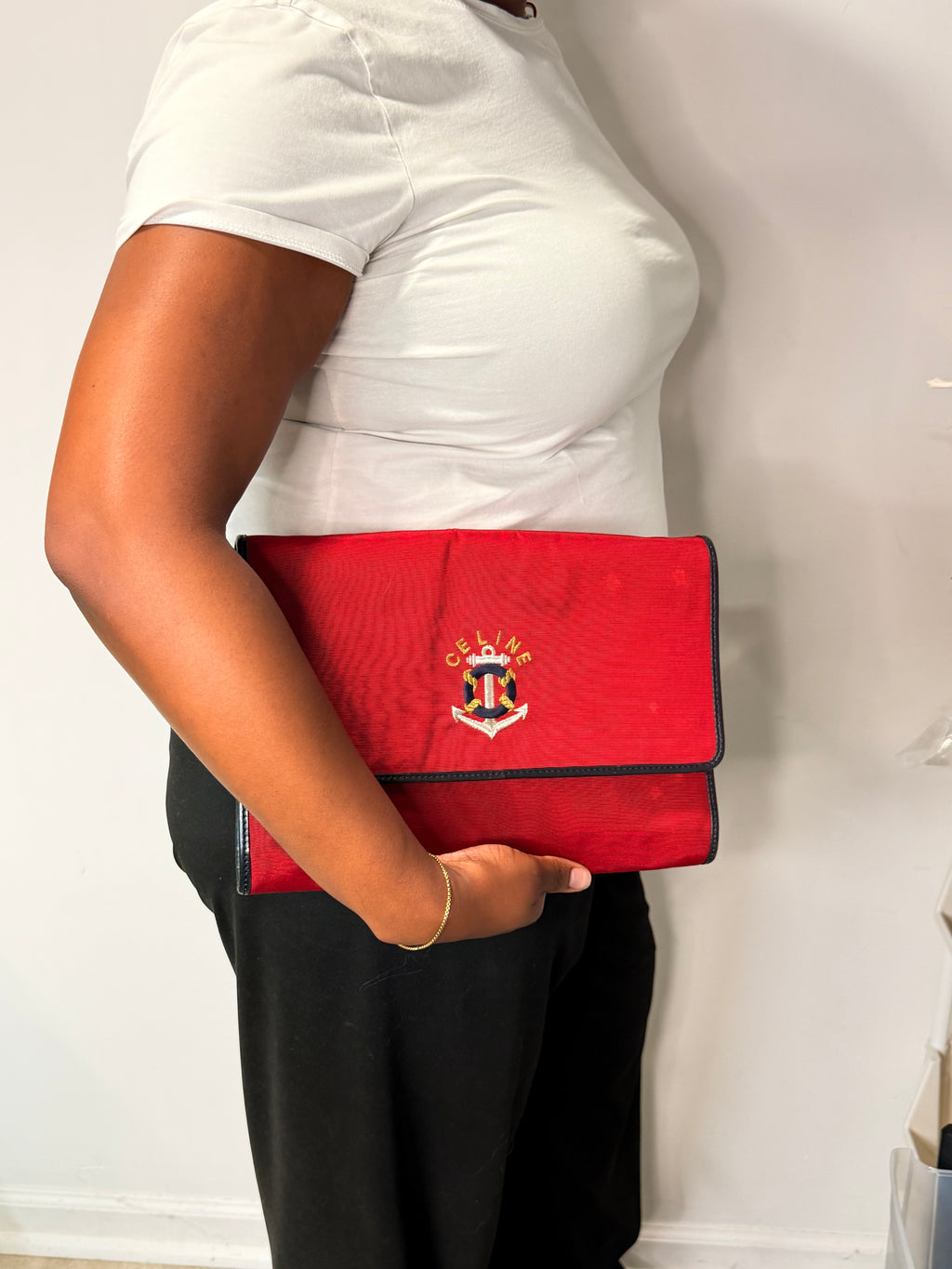 Celine Vintage Red Nautical Embroidered Clutch Bag