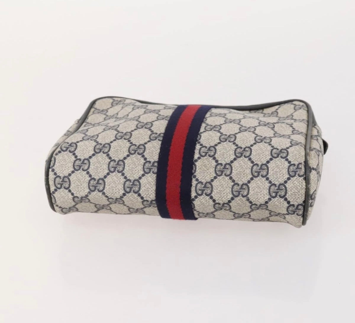 Gucci GG Supreme Web Stripe Cosmetic Pouch – Beige & Navy