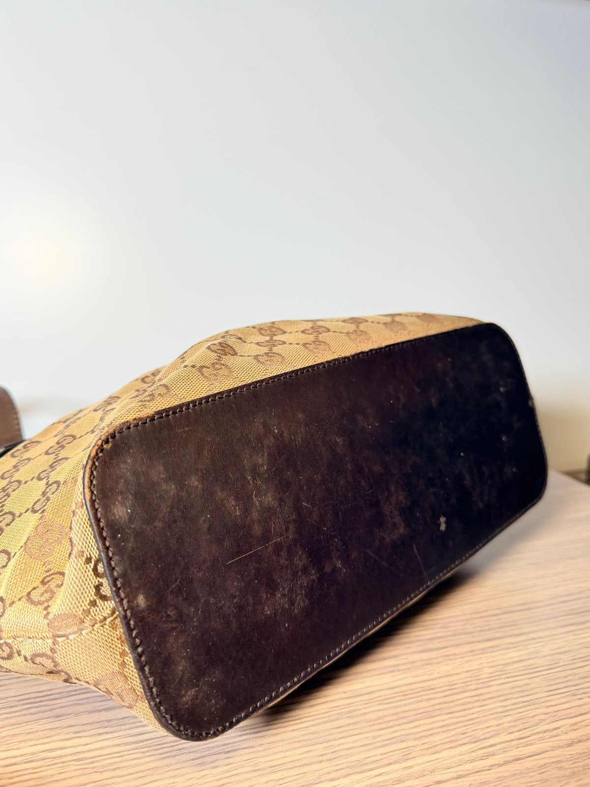 Gucci Vintage GG Monogram Canvas Tote Bag – Brown Leather Buckle Detail