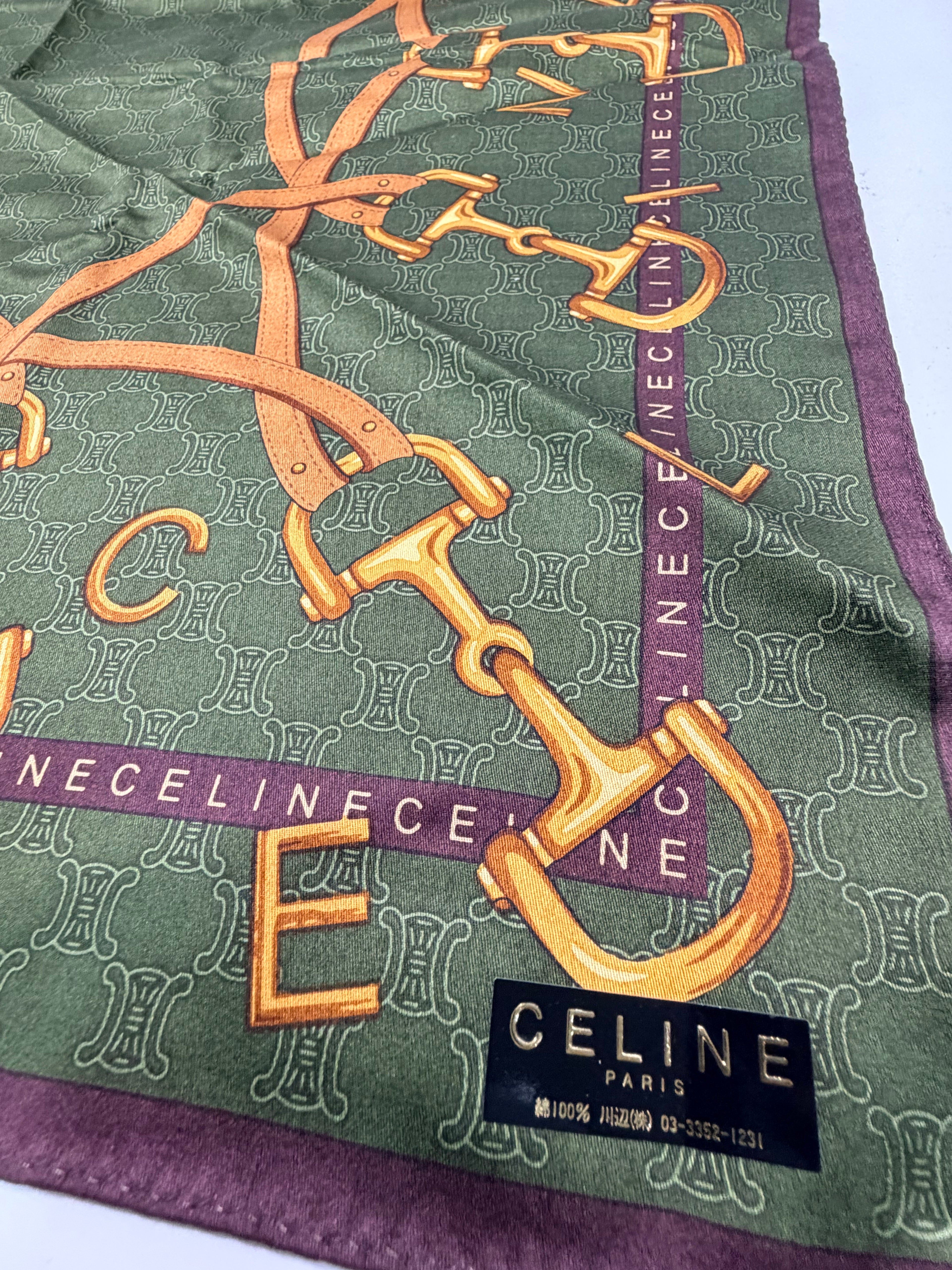 CELINE Vintage Equestrian Logo Scarf – Olive Green & Gold
