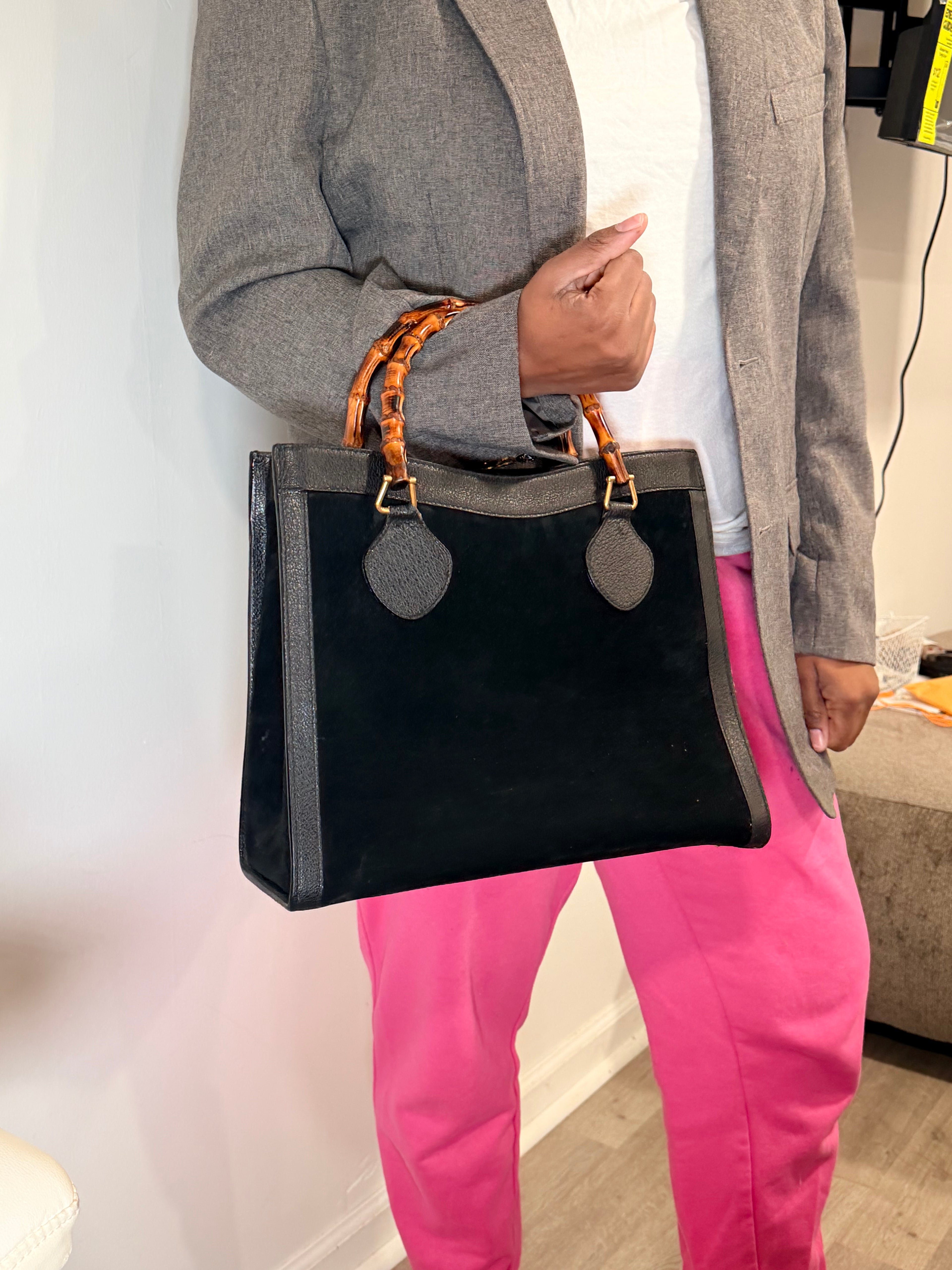 Gucci Bamboo Top Handle Tote – Black Suede & Leather