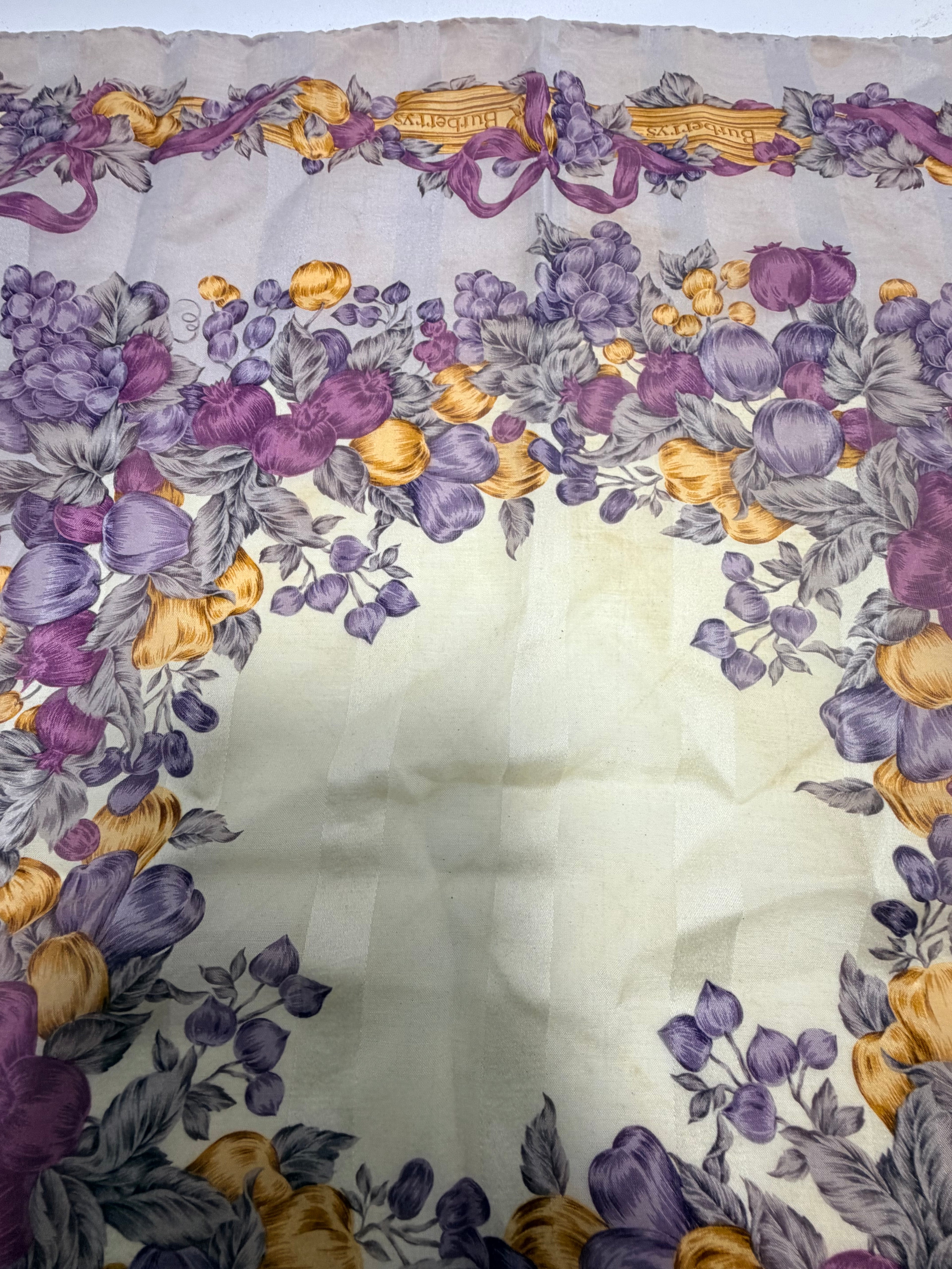 Burberrys Vintage Fruit And Ribbon Scarf – Taupe With Plum And Gold Motif