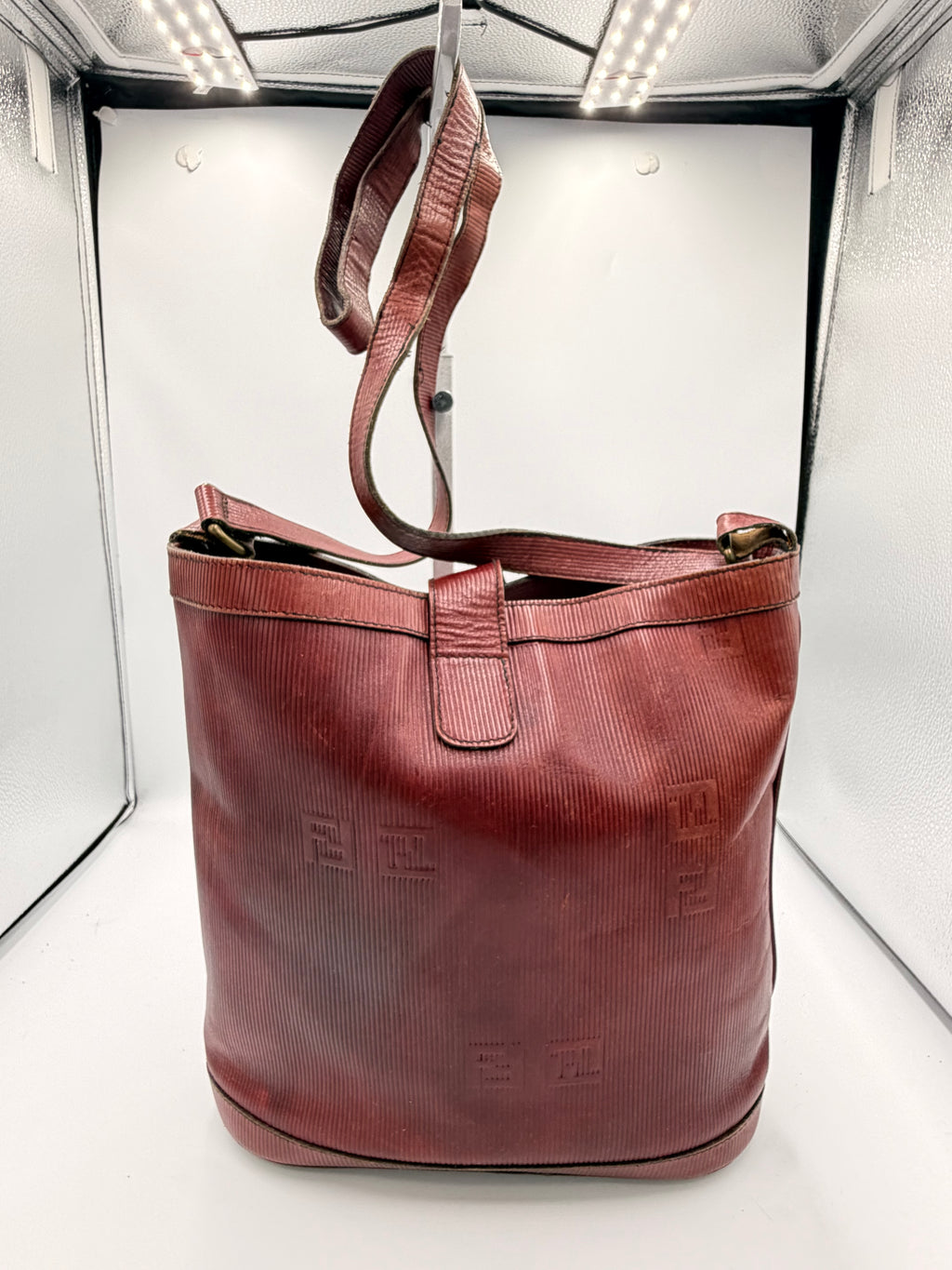 Fendi Pequin Embossed Bucket /Crossbody Bag – Burgundy