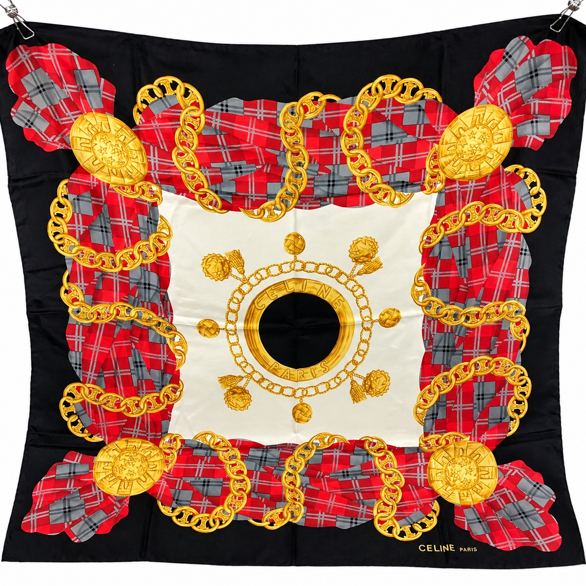 Celine Paris Tartan Chain Print Silk Scarf