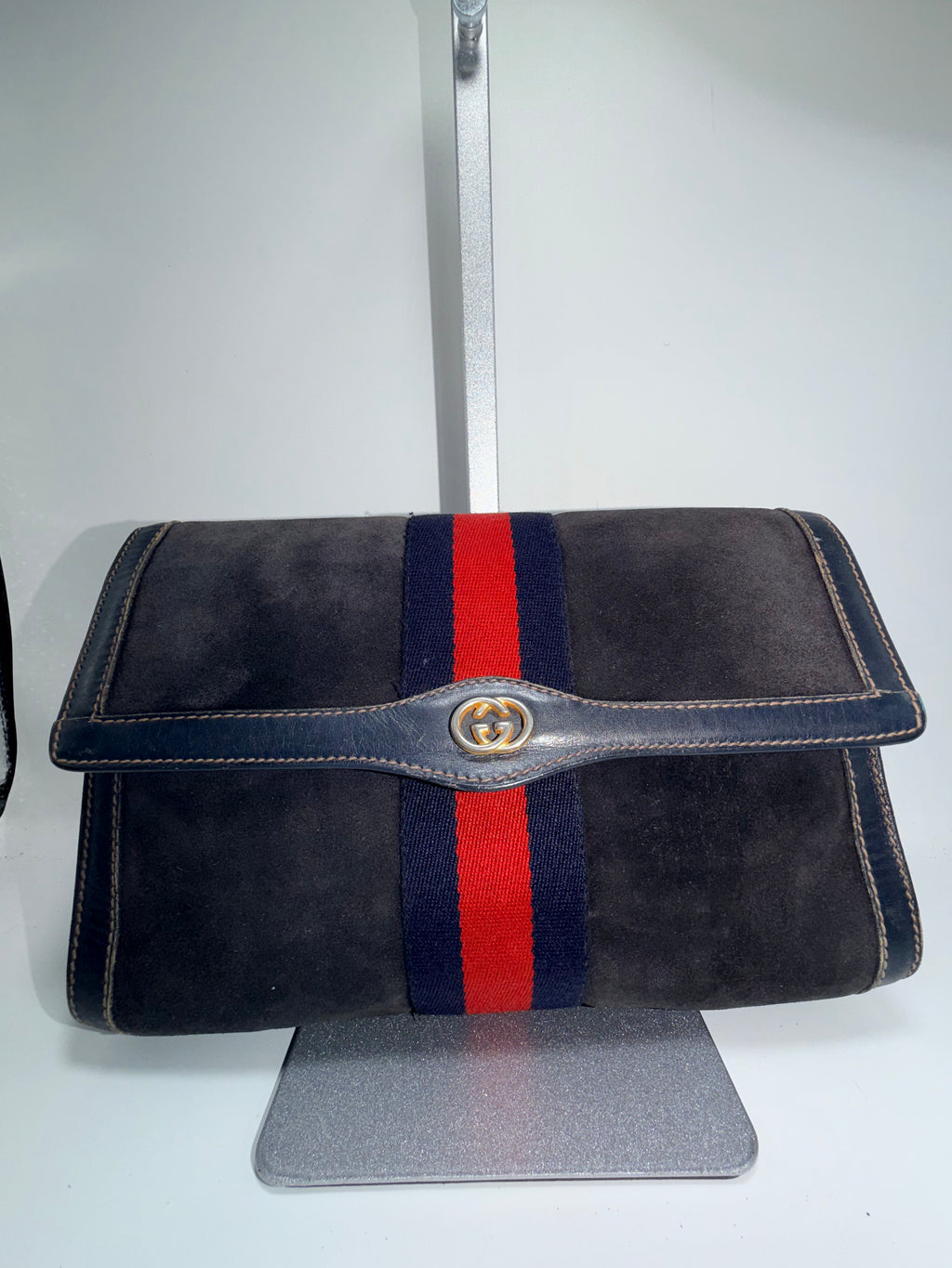 Gucci Suede Clutch with Web Stripe – Navy & Red