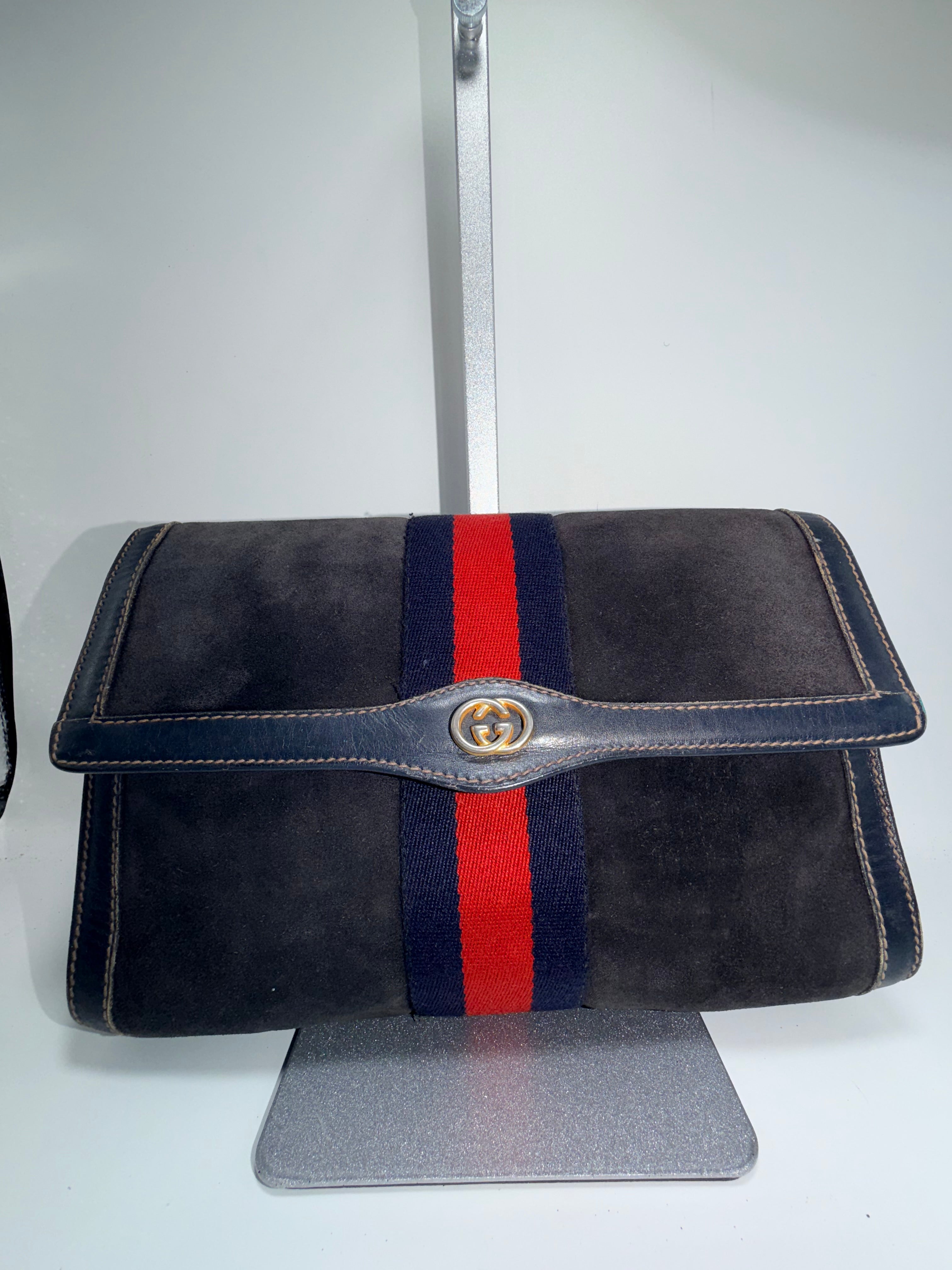 Gucci Suede Clutch with Web Stripe – Navy & Red