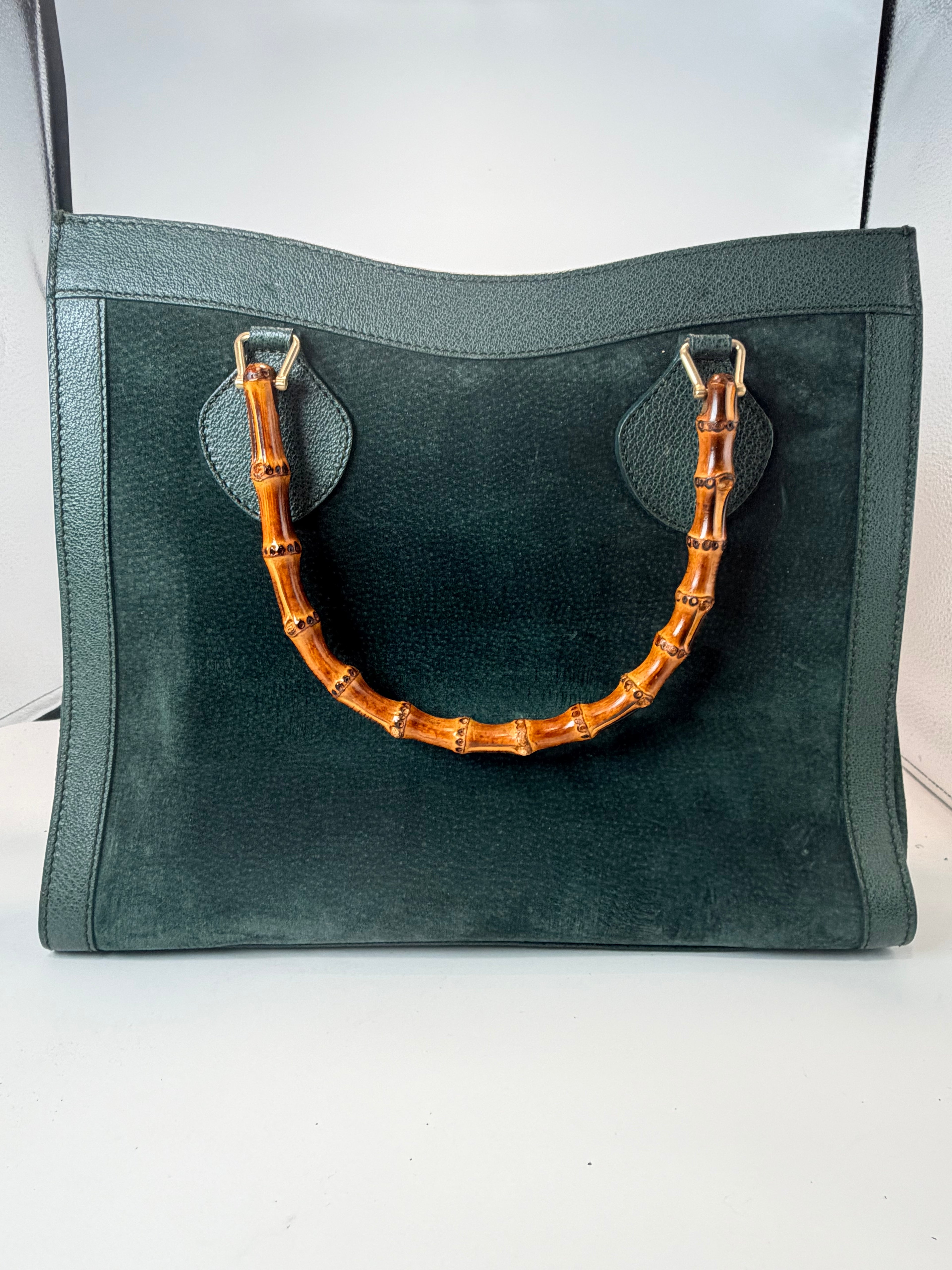 Gucci Bamboo Handle Suede & Leather Tote Bag – Green