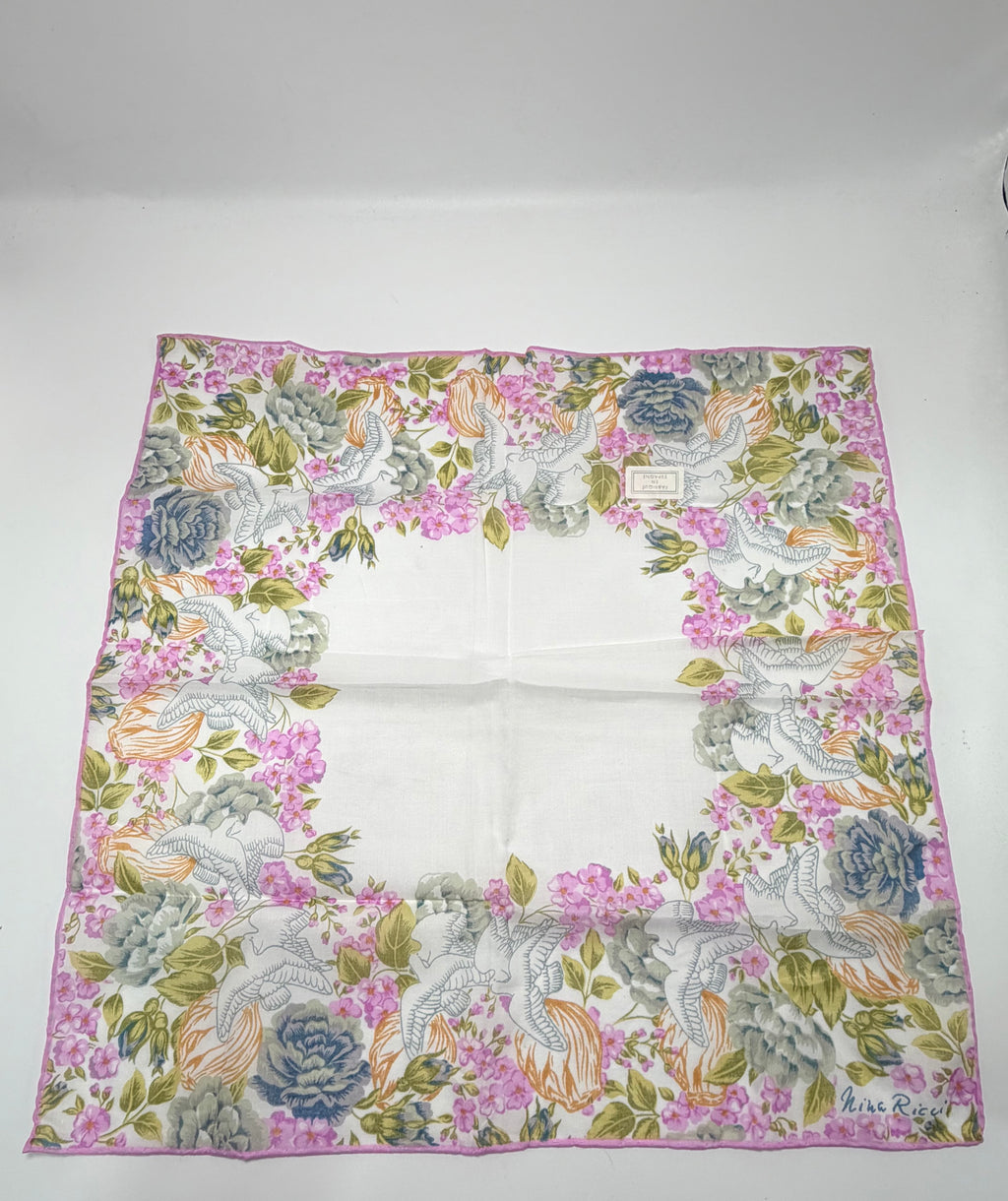Vintage Nina Ricci Floral & Dove Cotton Scarf – Pink Trim