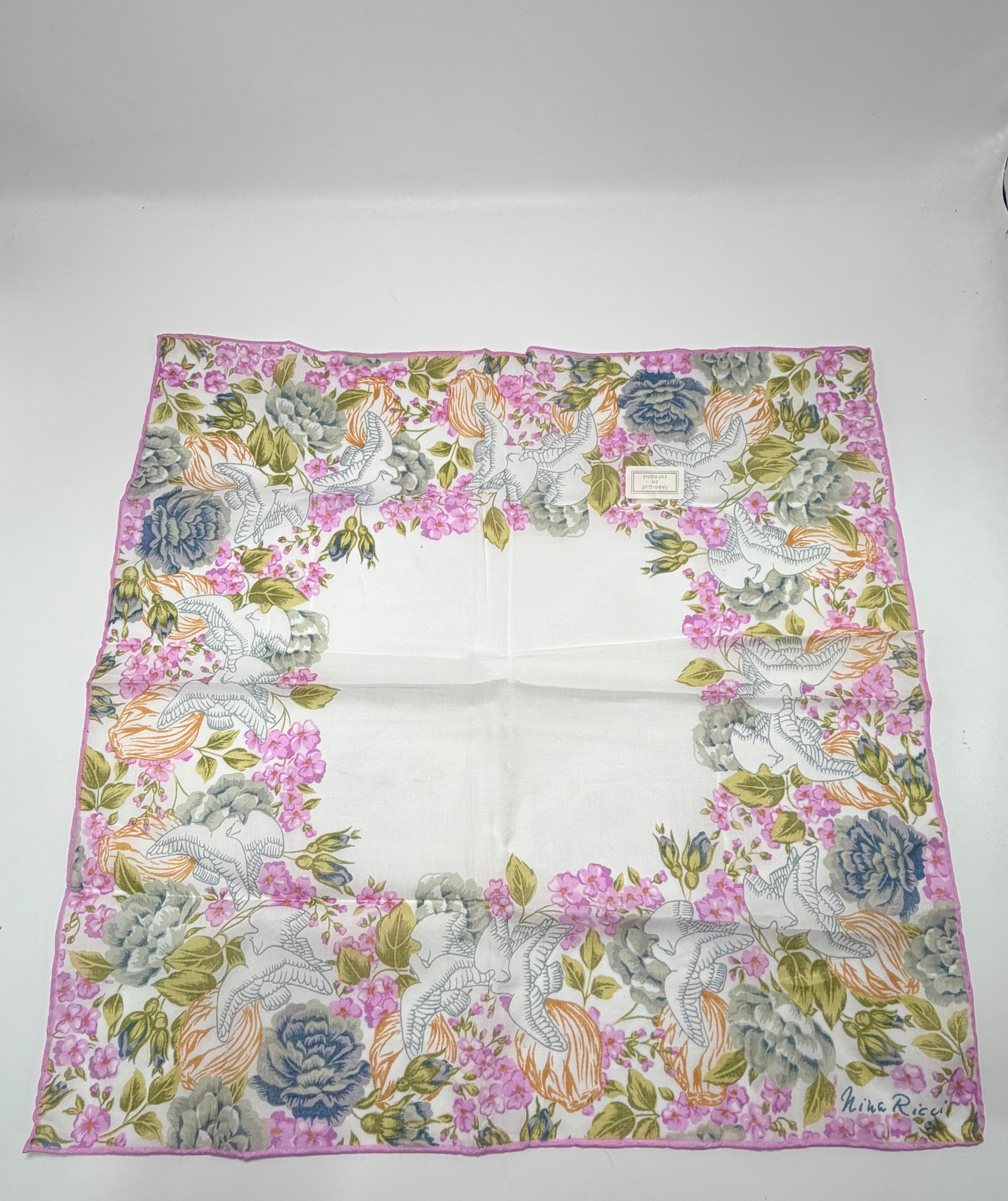 Vintage Nina Ricci Floral & Dove Cotton Scarf – Pink Trim