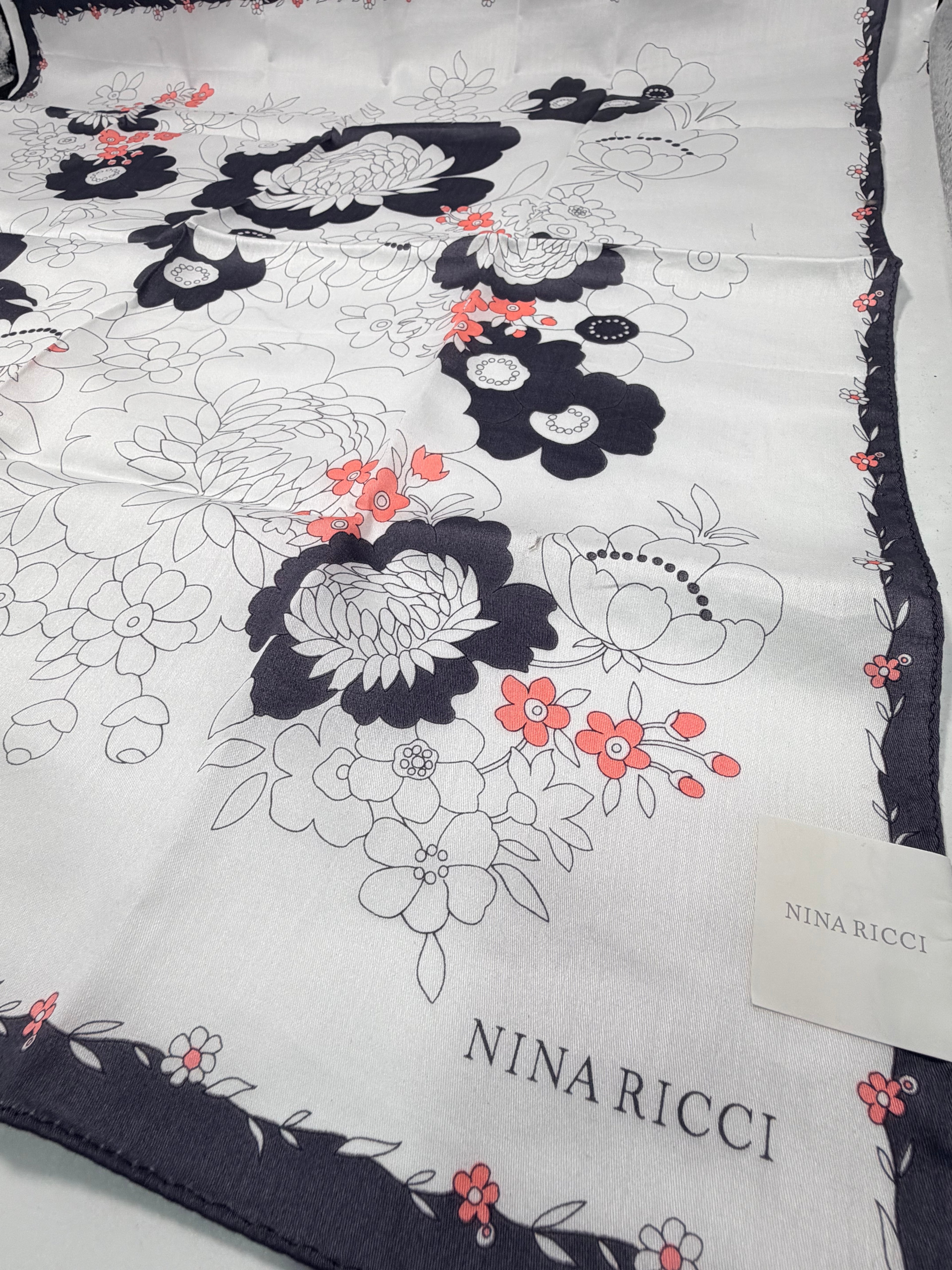 Nina Ricci Floral Silk Scarf – Black, Ivory & Coral