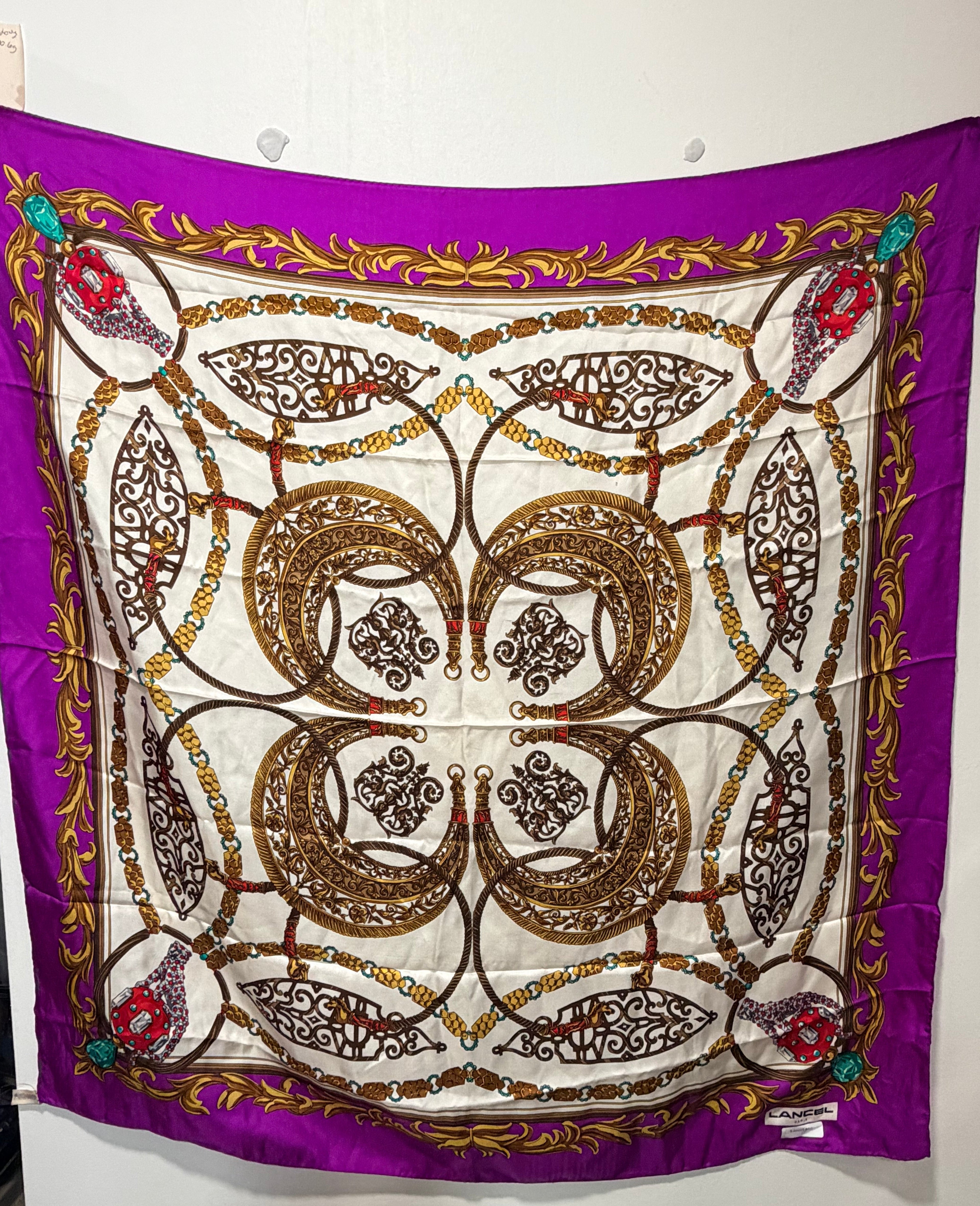 Lancel Oversized Silk Scarf in Jewel Tone Equestrian Baroque Print