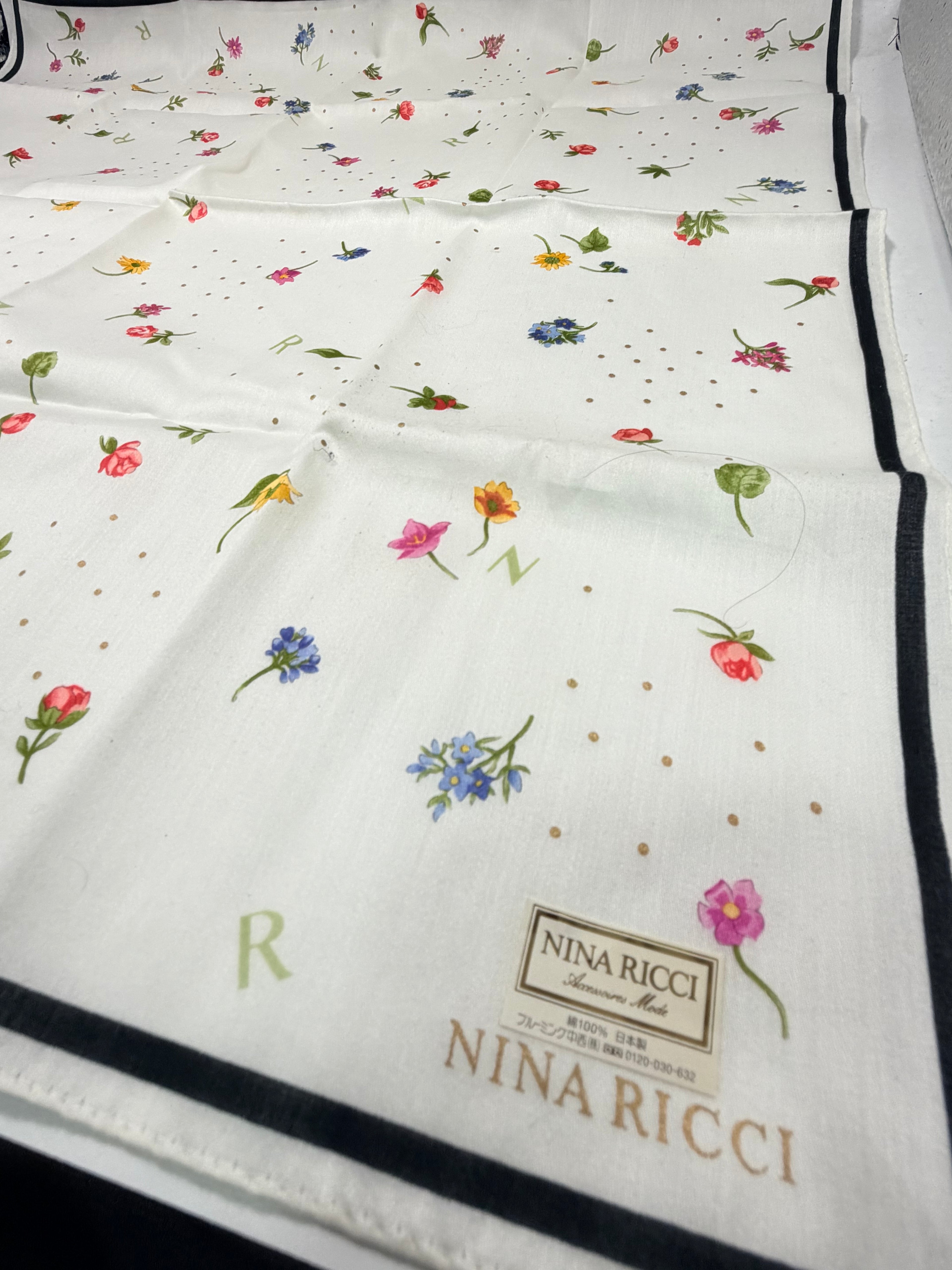 Vintage Nina Ricci Floral Cotton Scarf – Ivory Multicolor Botanical Print