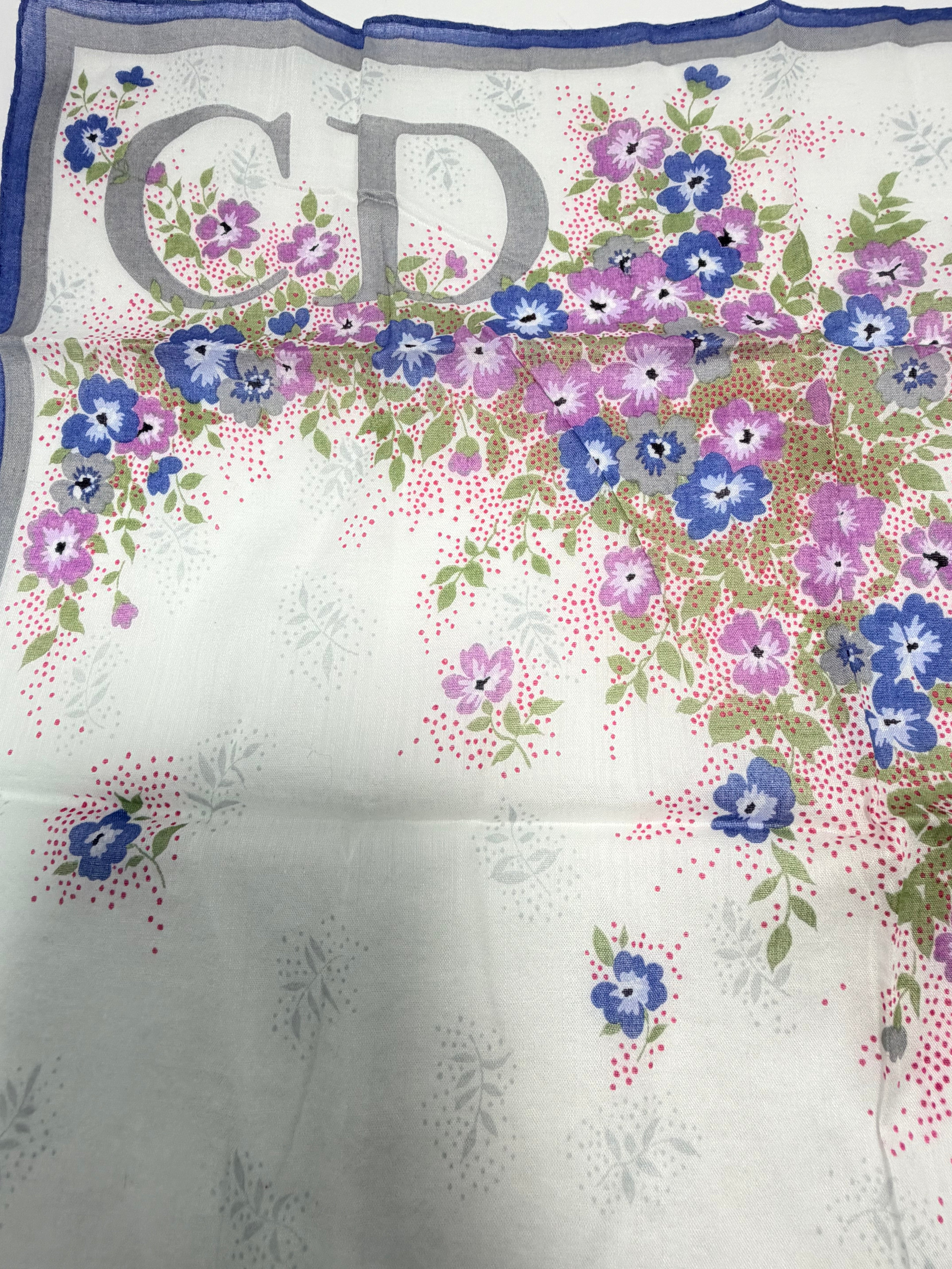 Vintage Christian Dior Floral Monogram Cotton Scarf – Ivory, Blue & Multicolor