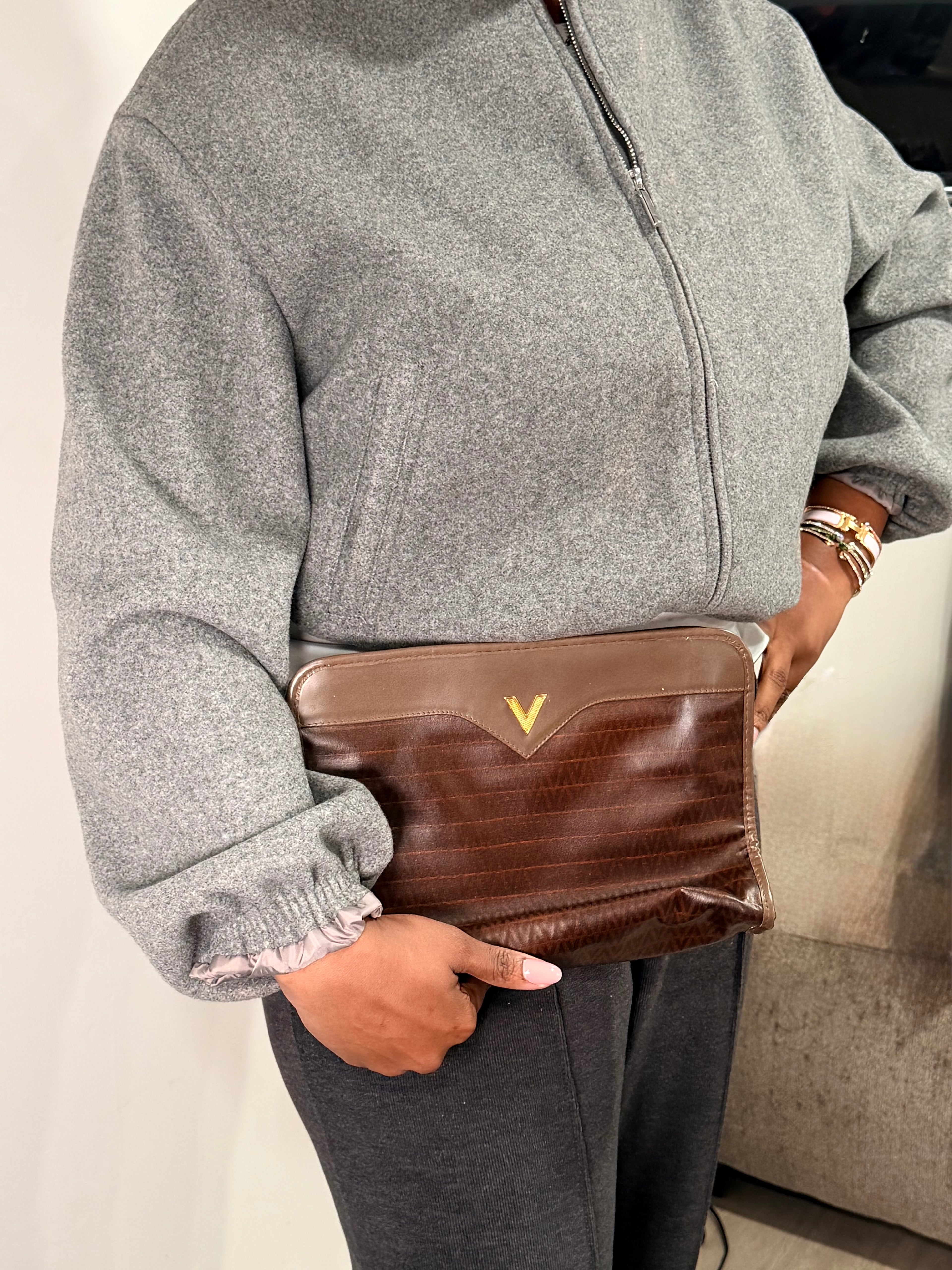 Valentino Leather Clutch – Brown Chevron V Logo