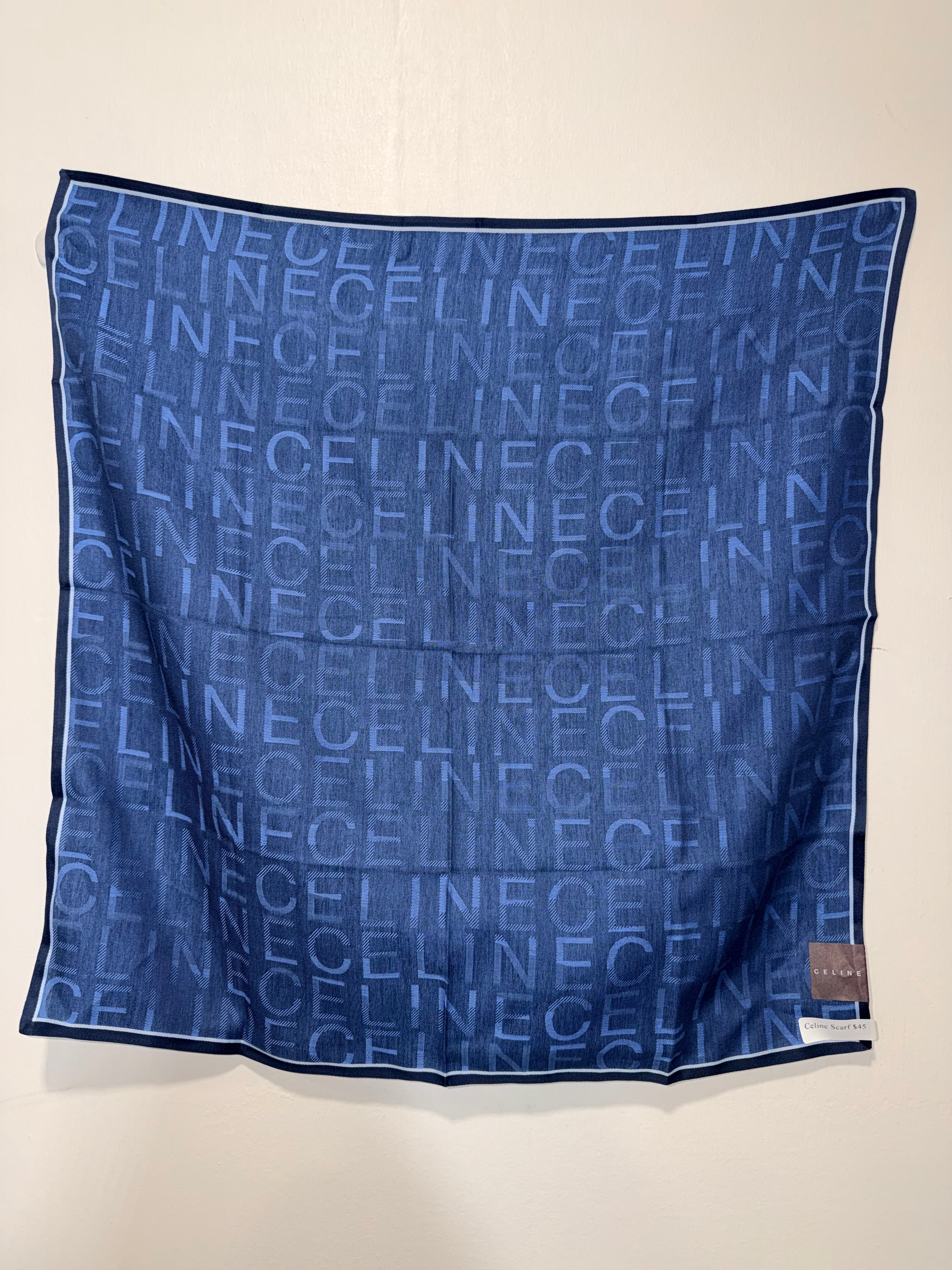 Céline Monogram Logo Silk Scarf in Navy Blue