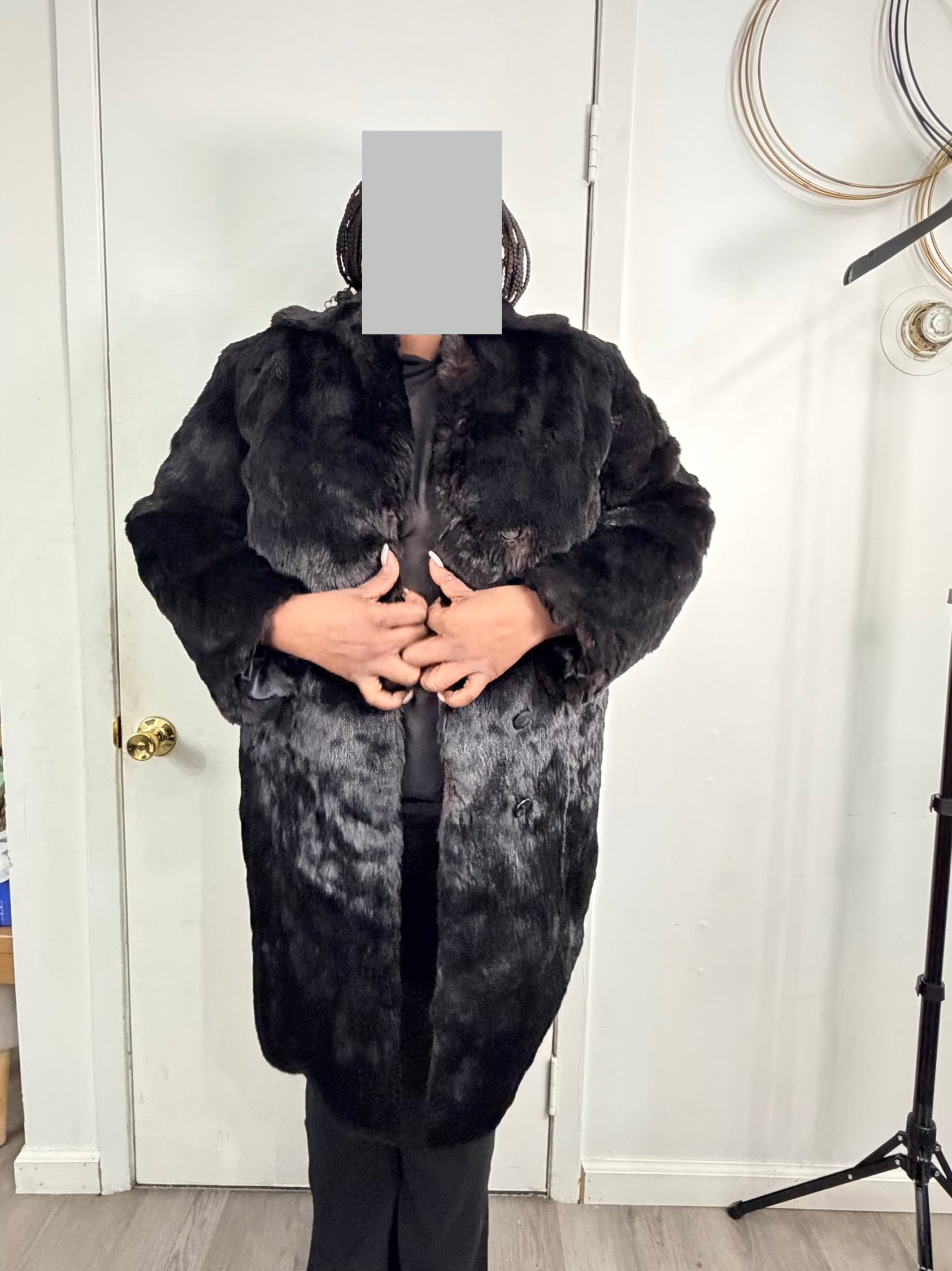 Vintage Real Rabbit Fur Coat – Deep Charcoal Black (XLarge)