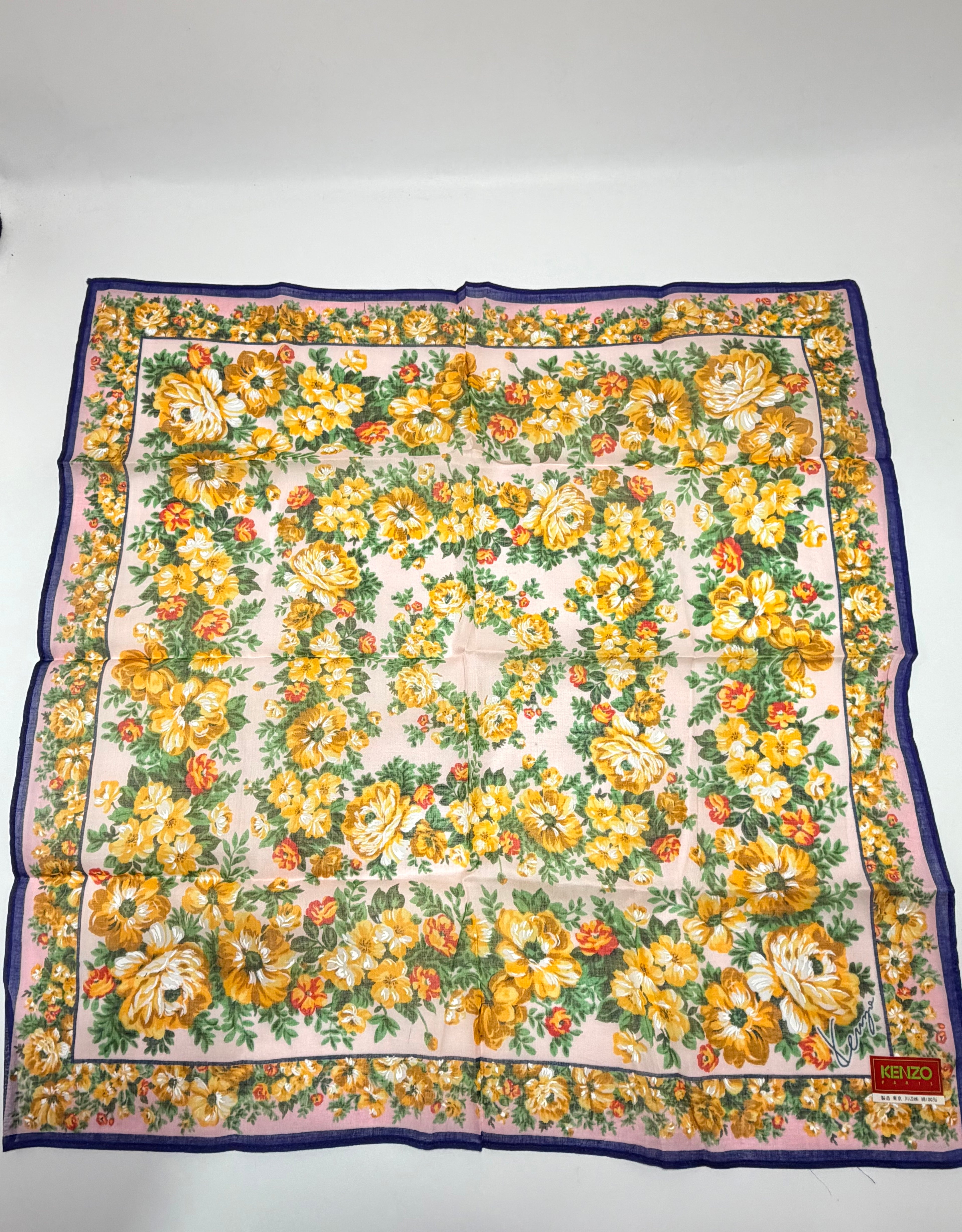 Vintage Kenzo Paris Floral Silk Scarf – Yellow, Blush & Violet