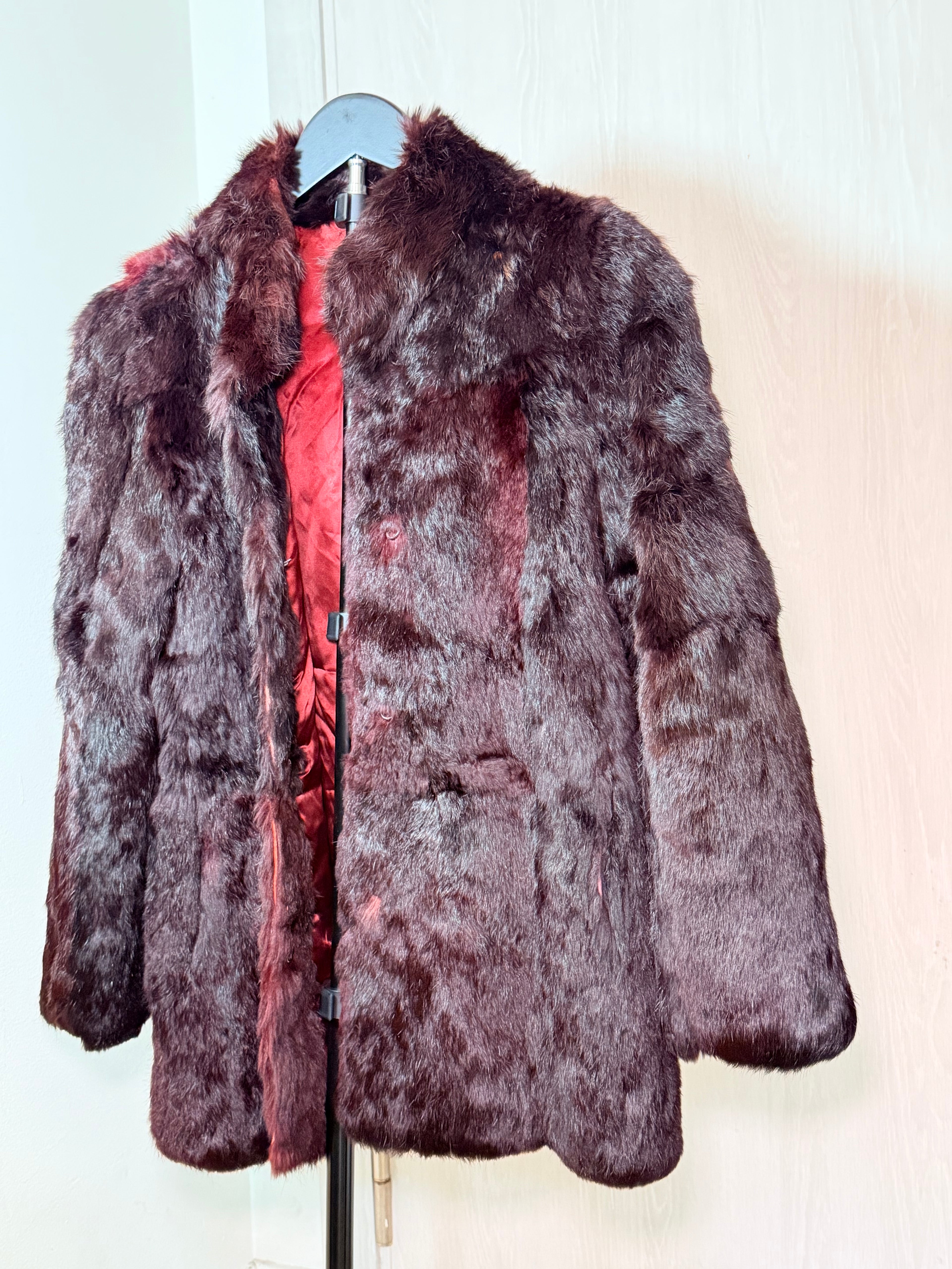 Vintage Sheared Rabbit Fur Coat – Deep Burgundy (Small)