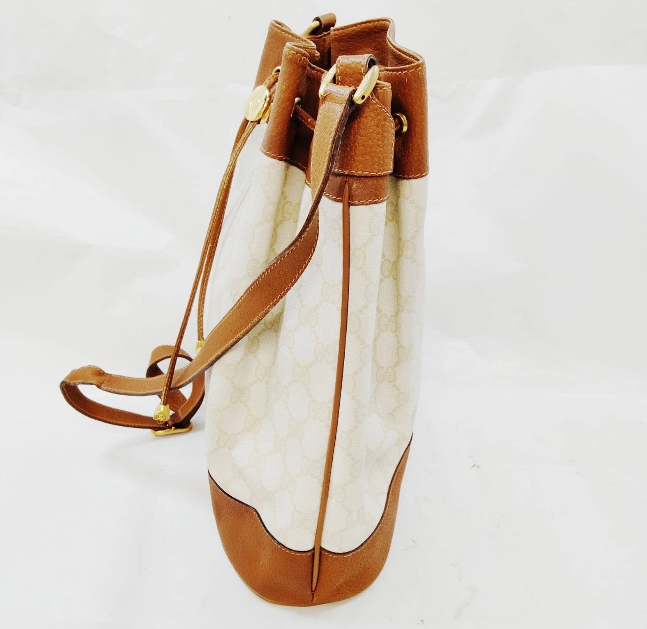 Gucci White GG Monogram Drawstring Bucket Bag