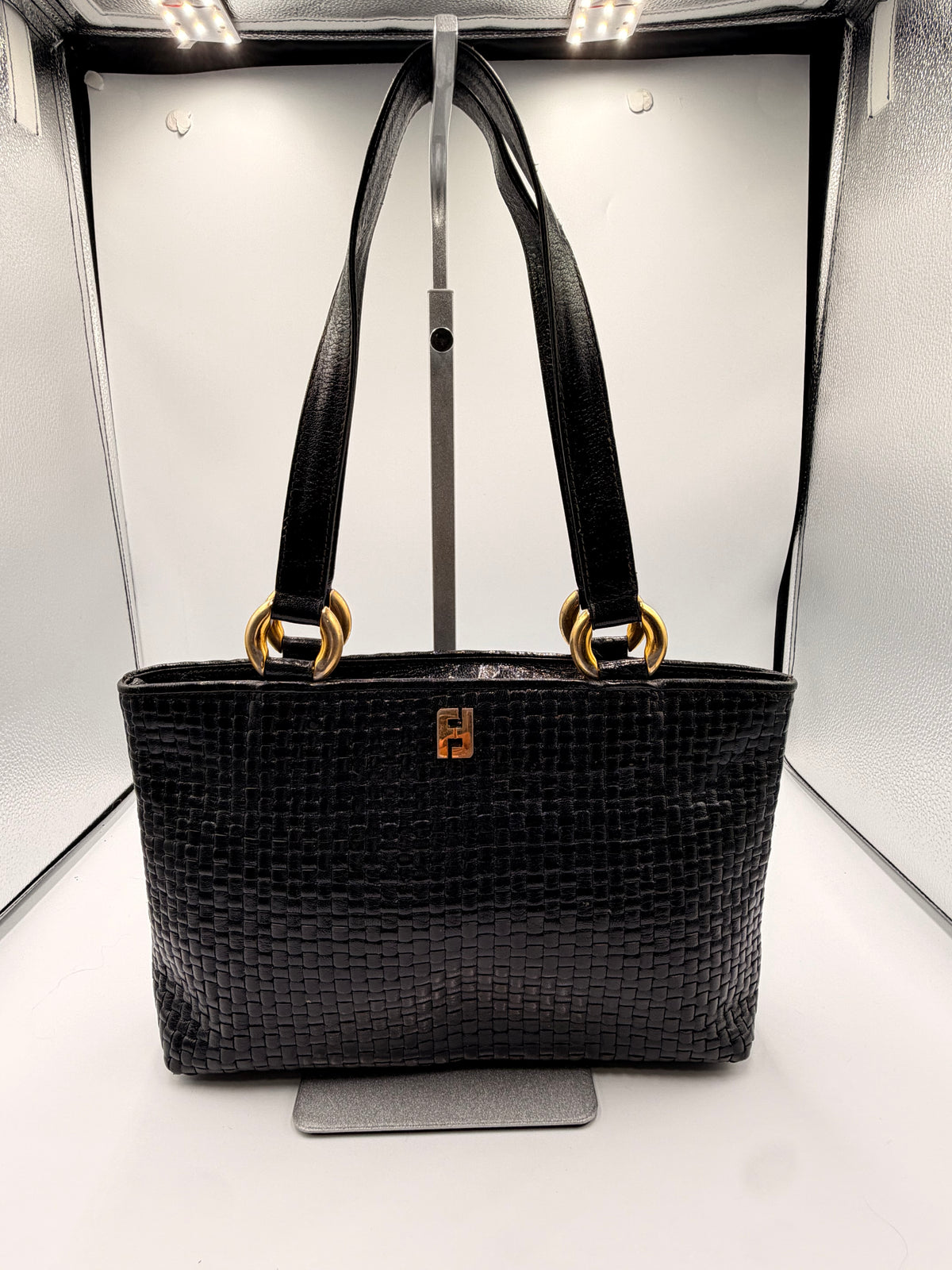 Fendi Vintage Black Woven Leather Shoulder Tote