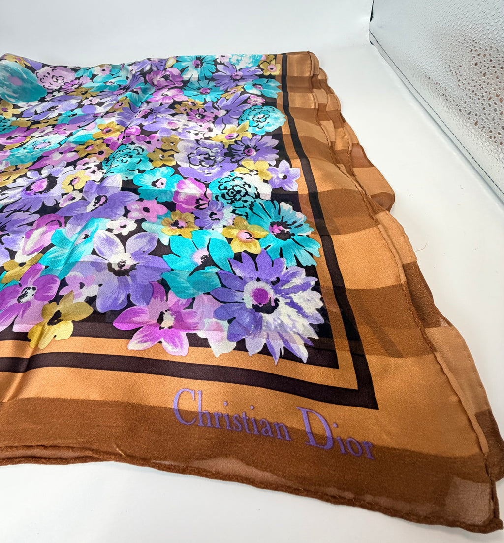 Christian Dior Floral Silk Scarf — Brown, Purple & Teal