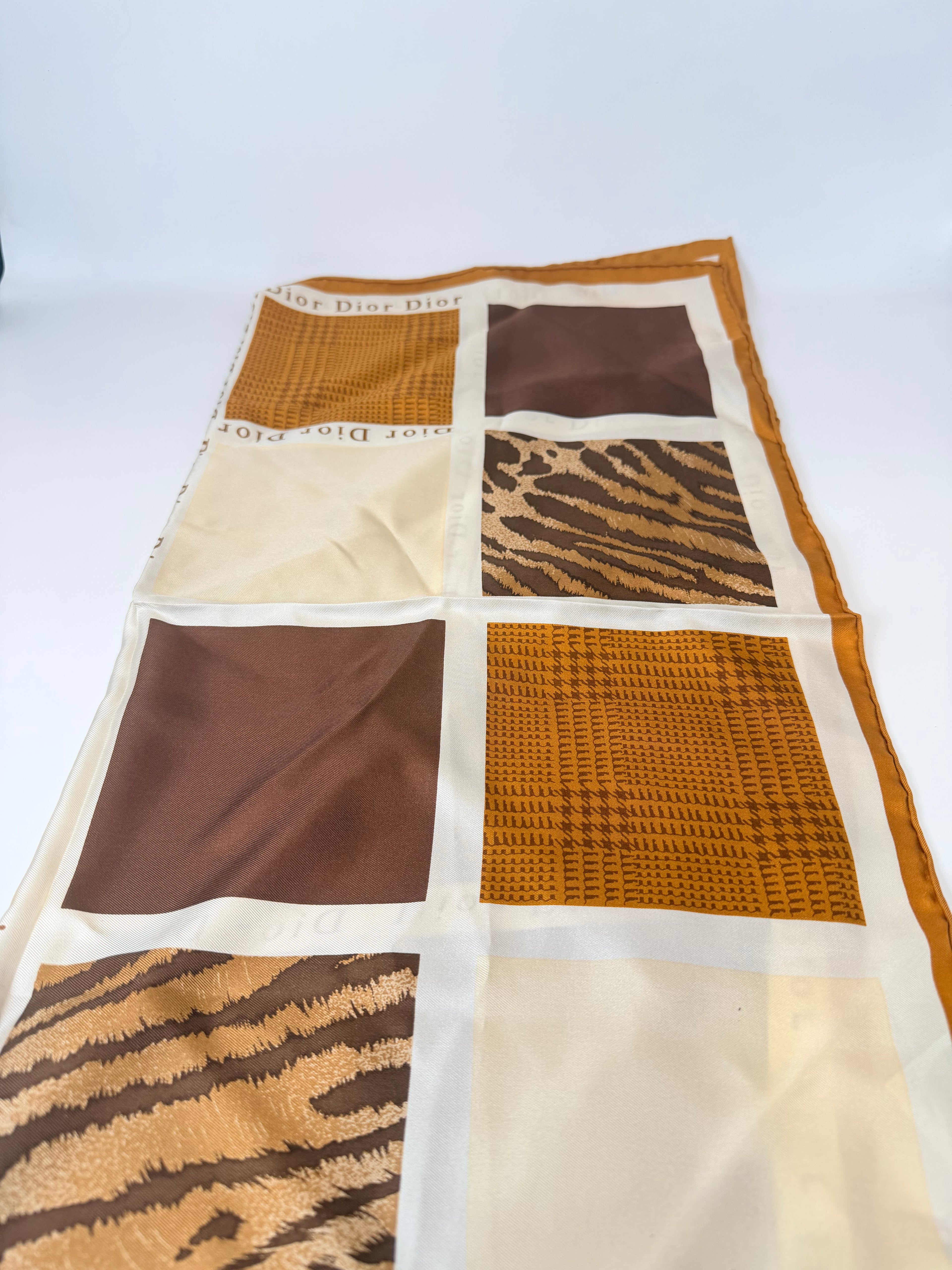 Christian Dior Silk Logo Patchwork Scarf — Brown Tones (With Tags)