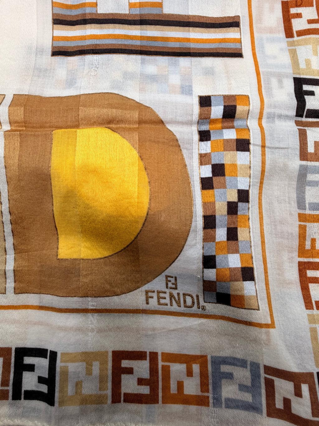 Fendi FF Logo Silk Scarf – Cream & Brown