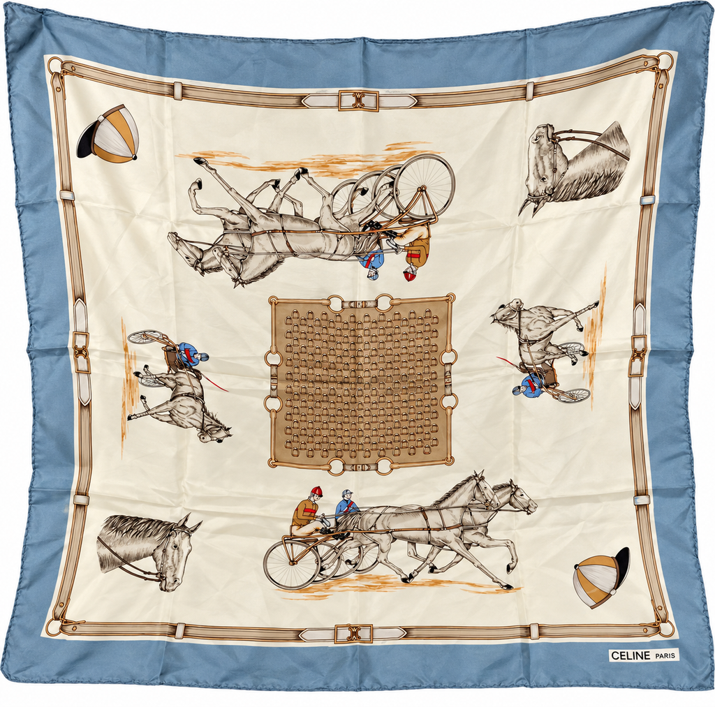 Celine Paris Equestrian Horse & Carriage Silk Scarf – Blue & Ivory