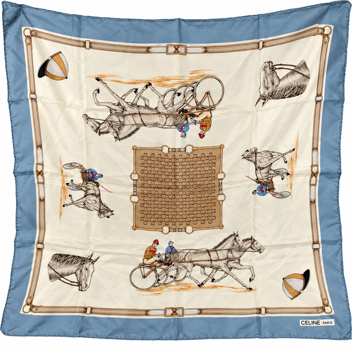 Celine Paris Equestrian Horse & Carriage Silk Scarf – Blue & Ivory