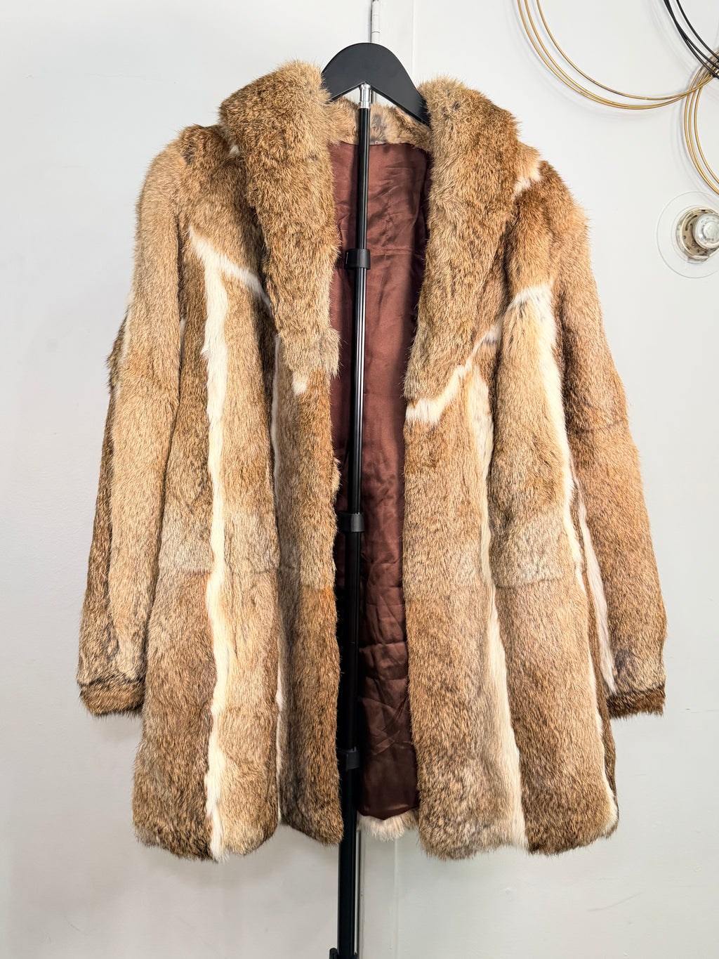 Vintage Rabbit Fur Coat – Paneled Brown & Cream (Small)
