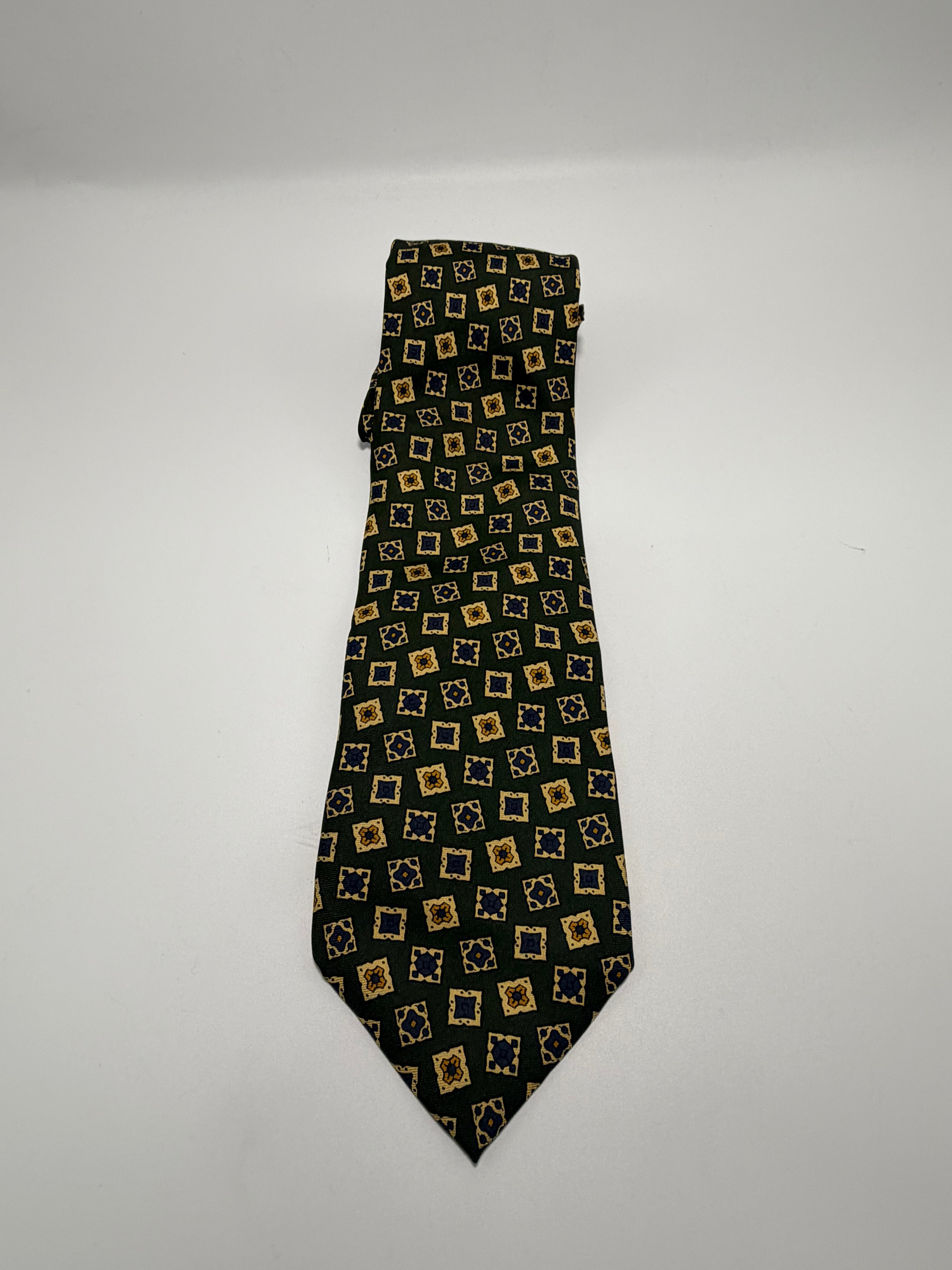 Burberrys Vintage Silk Tie – Forest Green Geometric Print