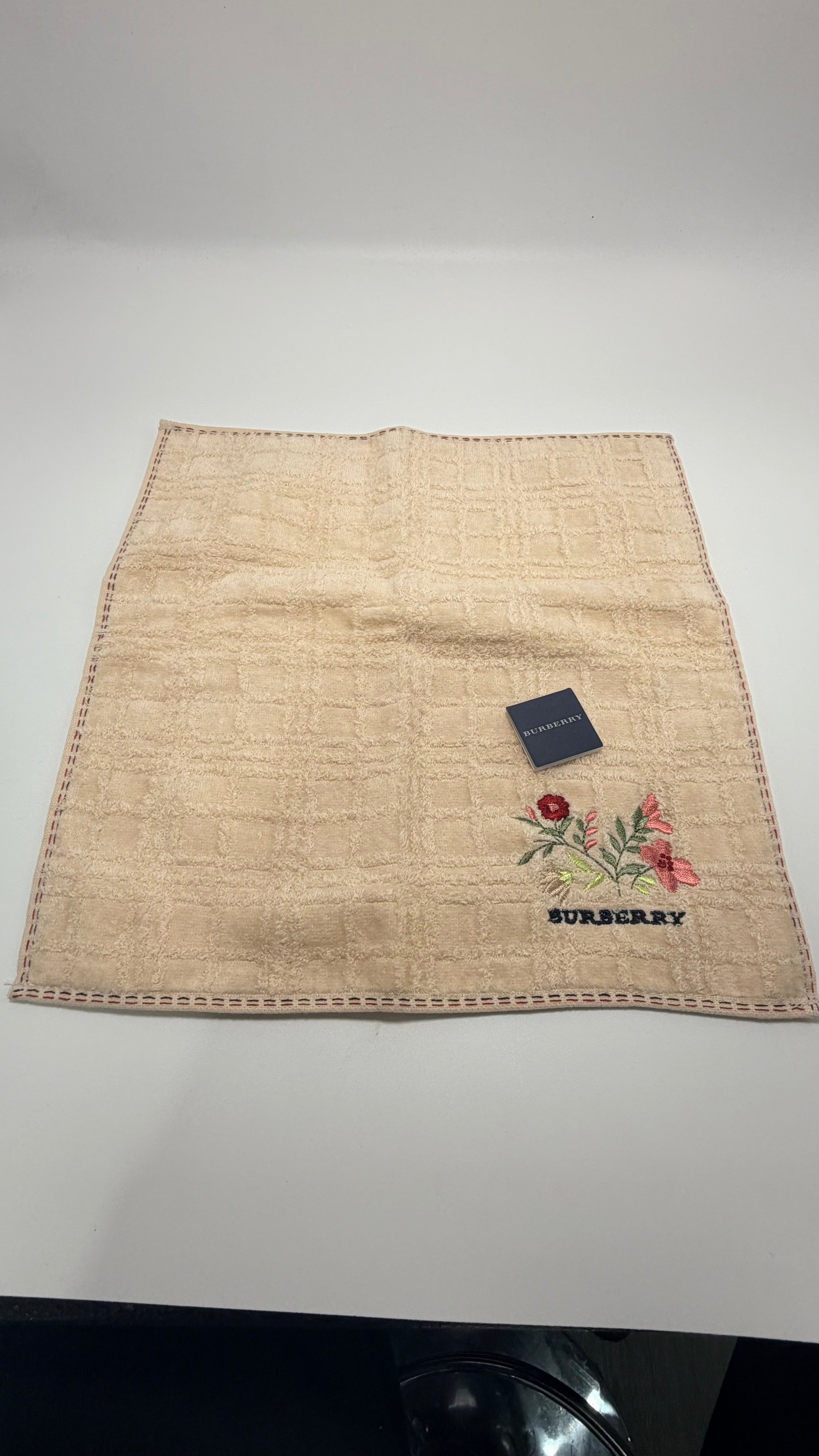Burberry Floral Embroidered Towel - Cream Terry with Red Stitch Border