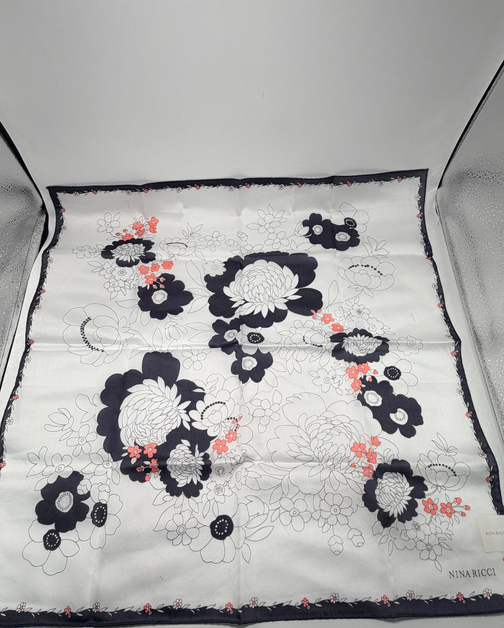 Nina Ricci Floral Silk Scarf – Black, Ivory & Coral