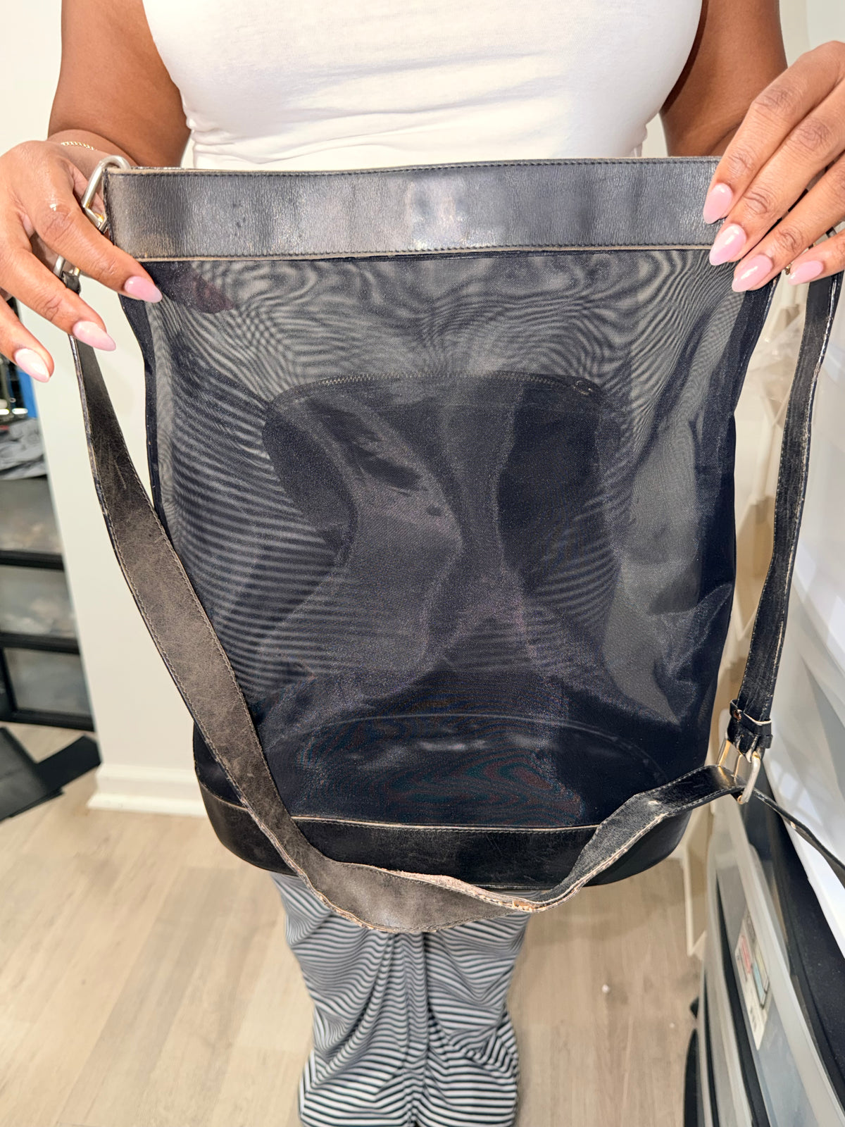 Celine Black Mesh & Leather Shoulder Tote Bag